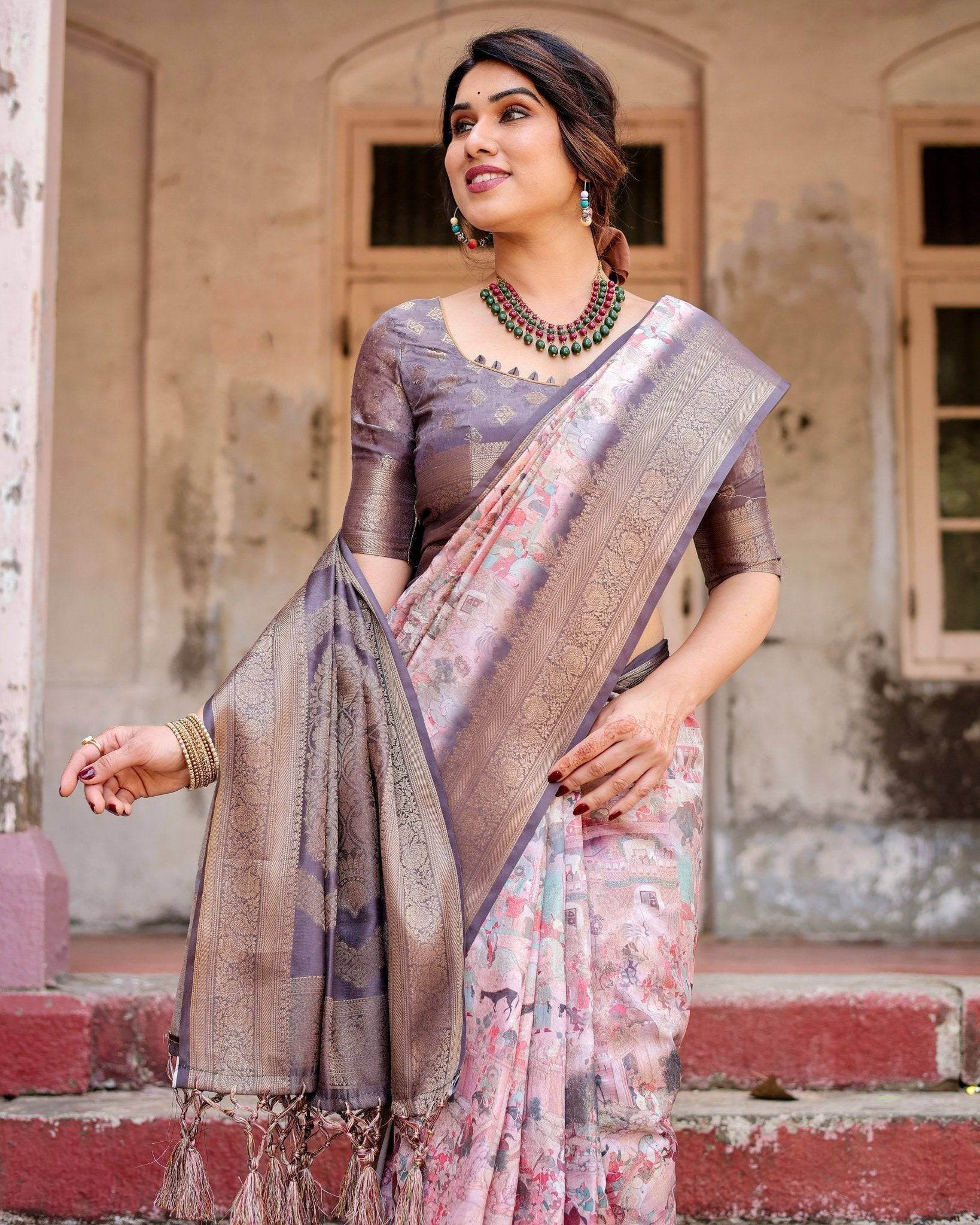 Graceful Lavender Banarasi Silk Saree with Regal Zari Weave and Tassel Detailing - SEEANS