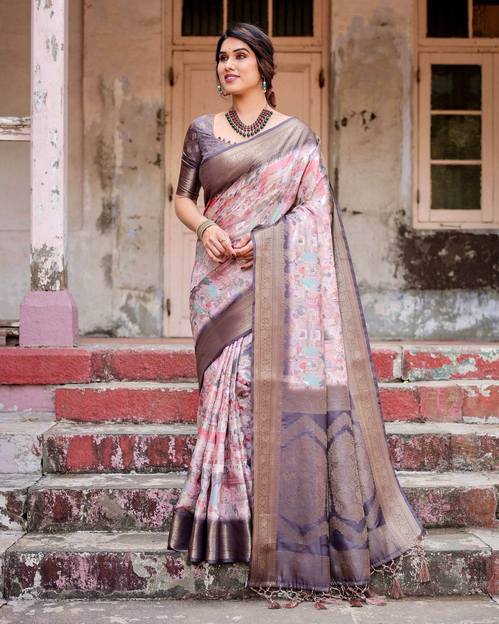 Graceful Lavender Banarasi Silk Saree with Regal Zari Weave and Tassel Detailing - SEEANS