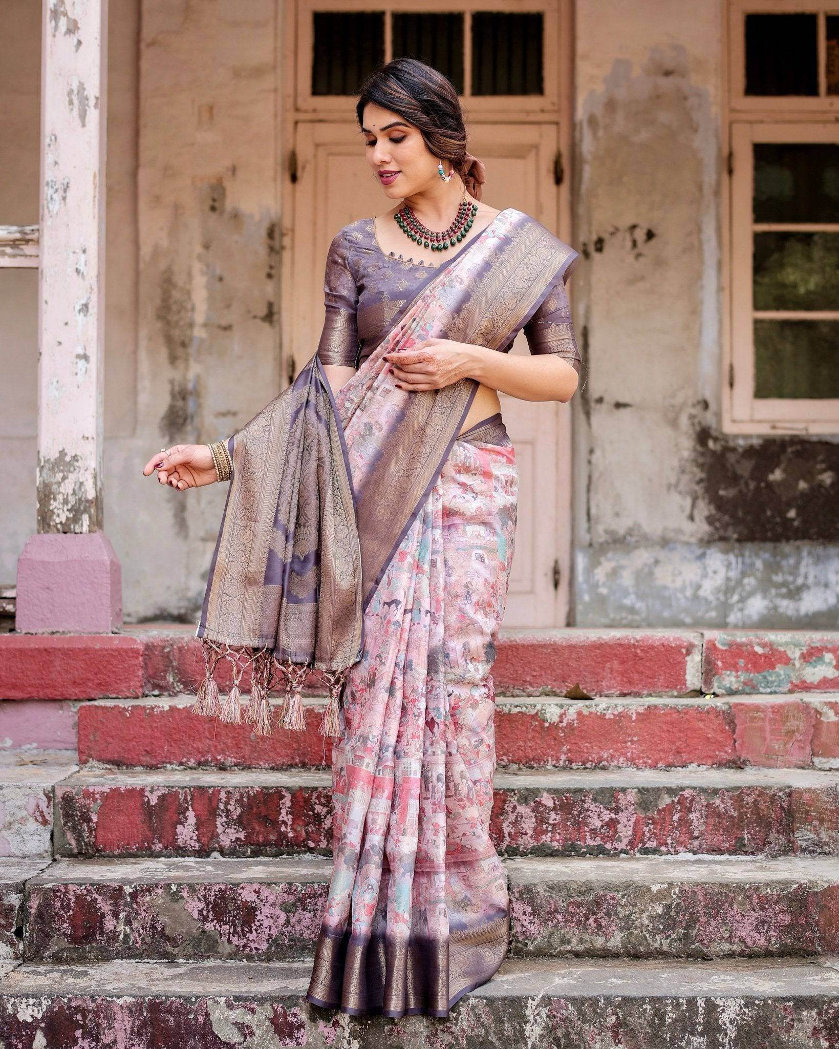 Graceful Lavender Banarasi Silk Saree with Regal Zari Weave and Tassel Detailing - SEEANS