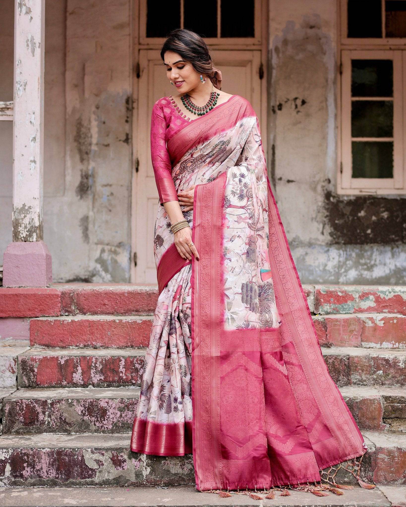 Graceful Fuchsia Pink Banarasi Silk Saree with Digital Forest Scenery Print & Zari Weave - SEEANS