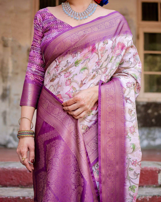Graceful Lavender Banarasi Silk Saree with Floral Design and Zari Woven Border - SEEANS