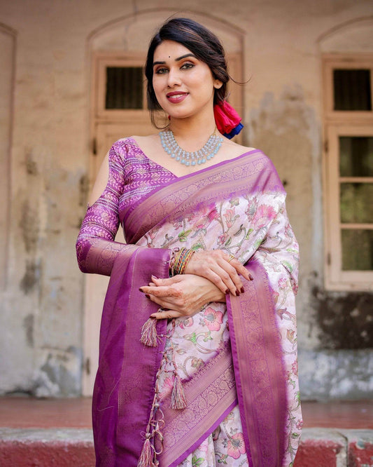 Graceful Lavender Banarasi Silk Saree with Floral Design and Zari Woven Border - SEEANS