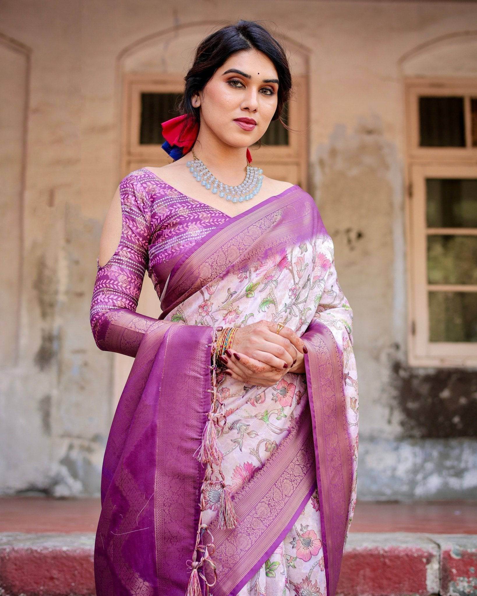 Graceful Lavender Banarasi Silk Saree with Floral Design and Zari Woven Border - SEEANS