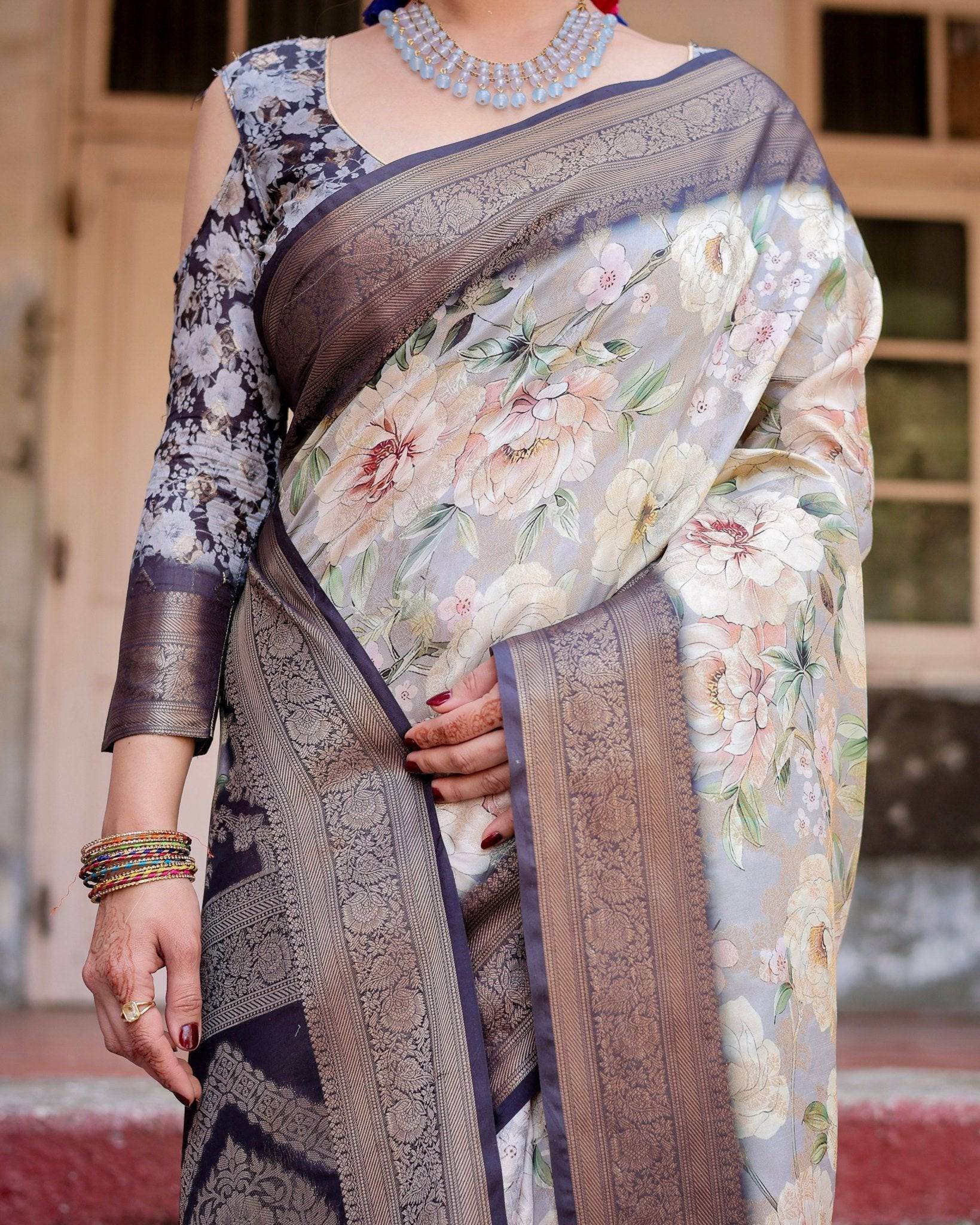 Elegant Gray Banarasi Silk Saree with Navy Blue Zari Weave, Floral Design, and Tassels - SEEANS