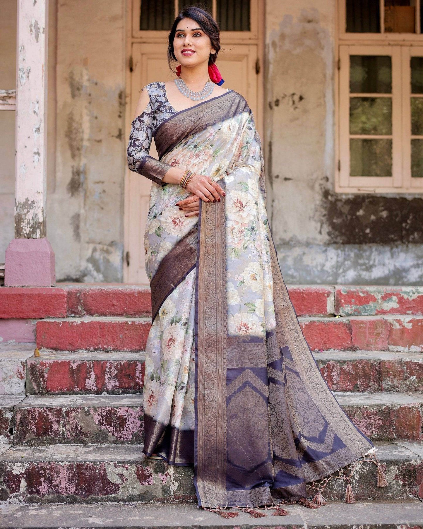Elegant Gray Banarasi Silk Saree with Navy Blue Zari Weave, Floral Design, and Tassels - SEEANS
