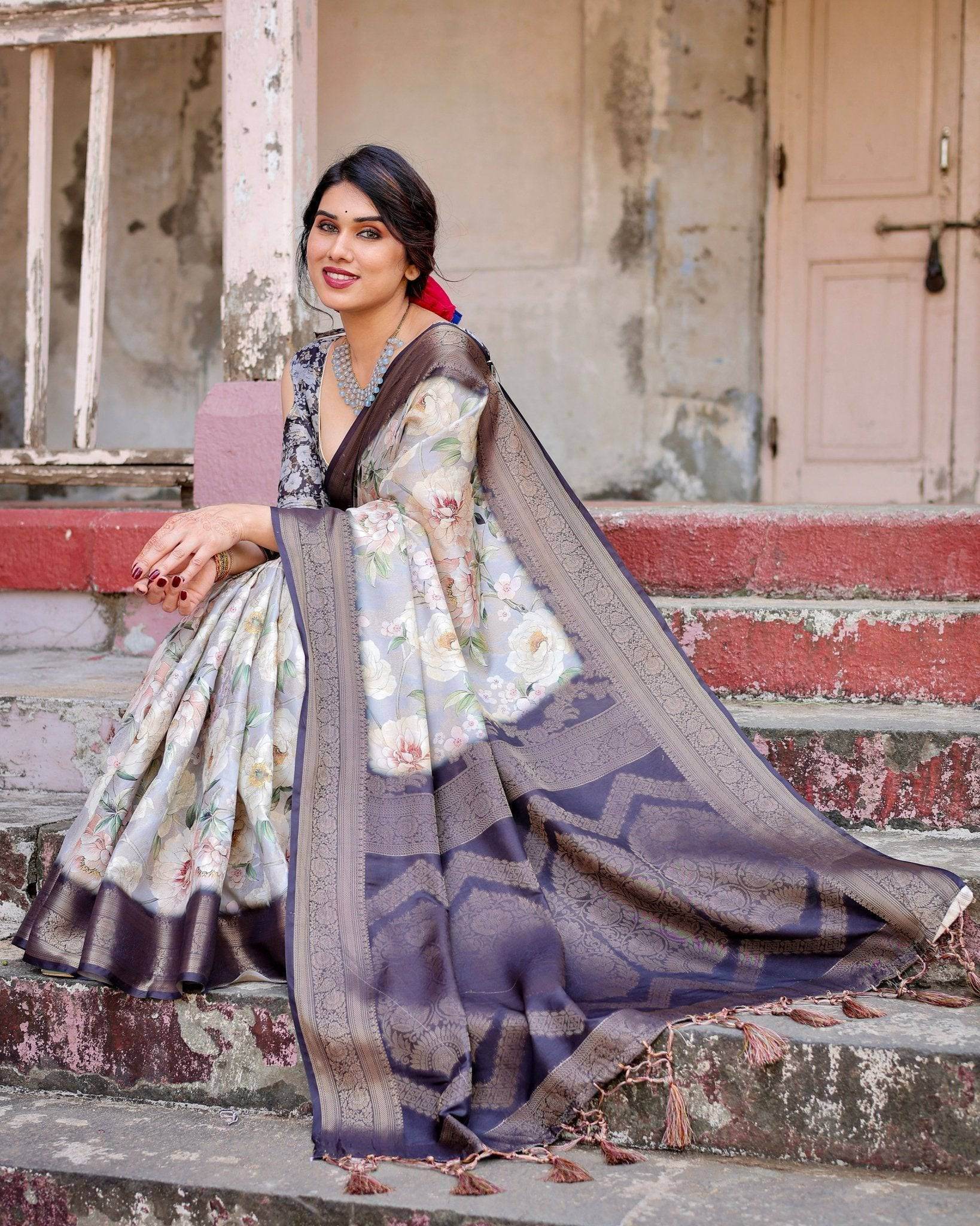 Elegant Gray Banarasi Silk Saree with Navy Blue Zari Weave, Floral Design, and Tassels - SEEANS