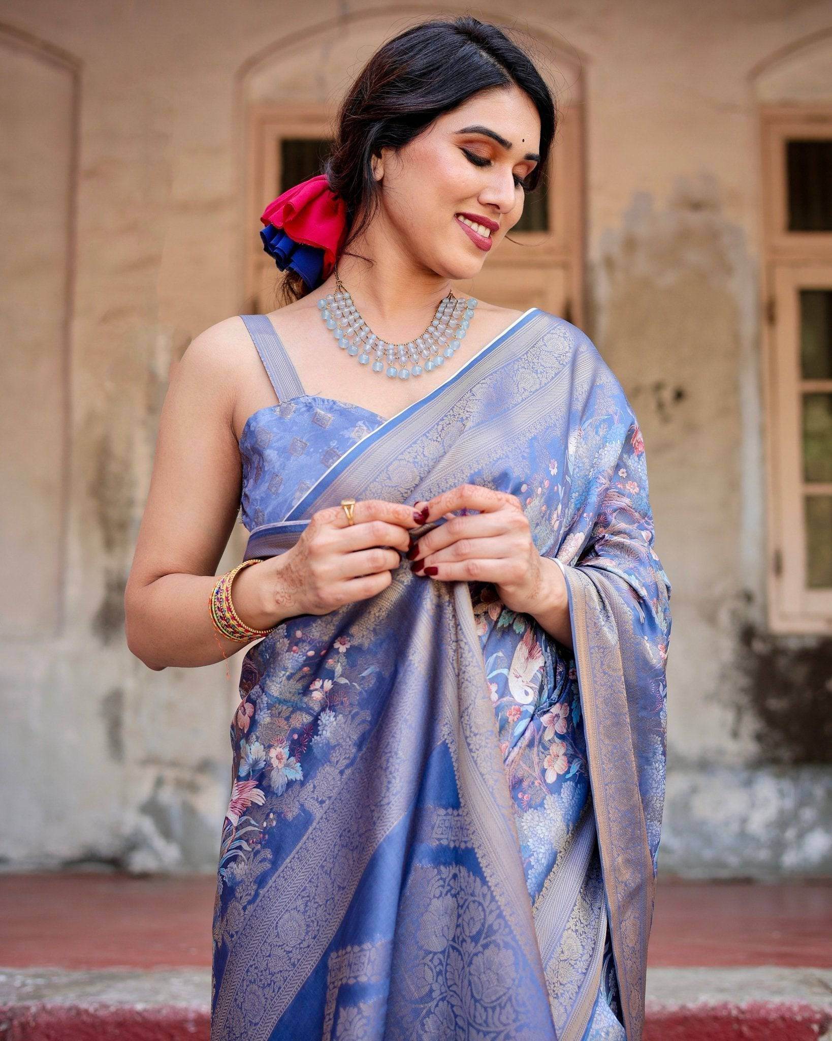 Majestic Blue Banarasi Silk Saree with Delicate Floral Zari Work and Tassel-Embellished Pallu - SEEANS