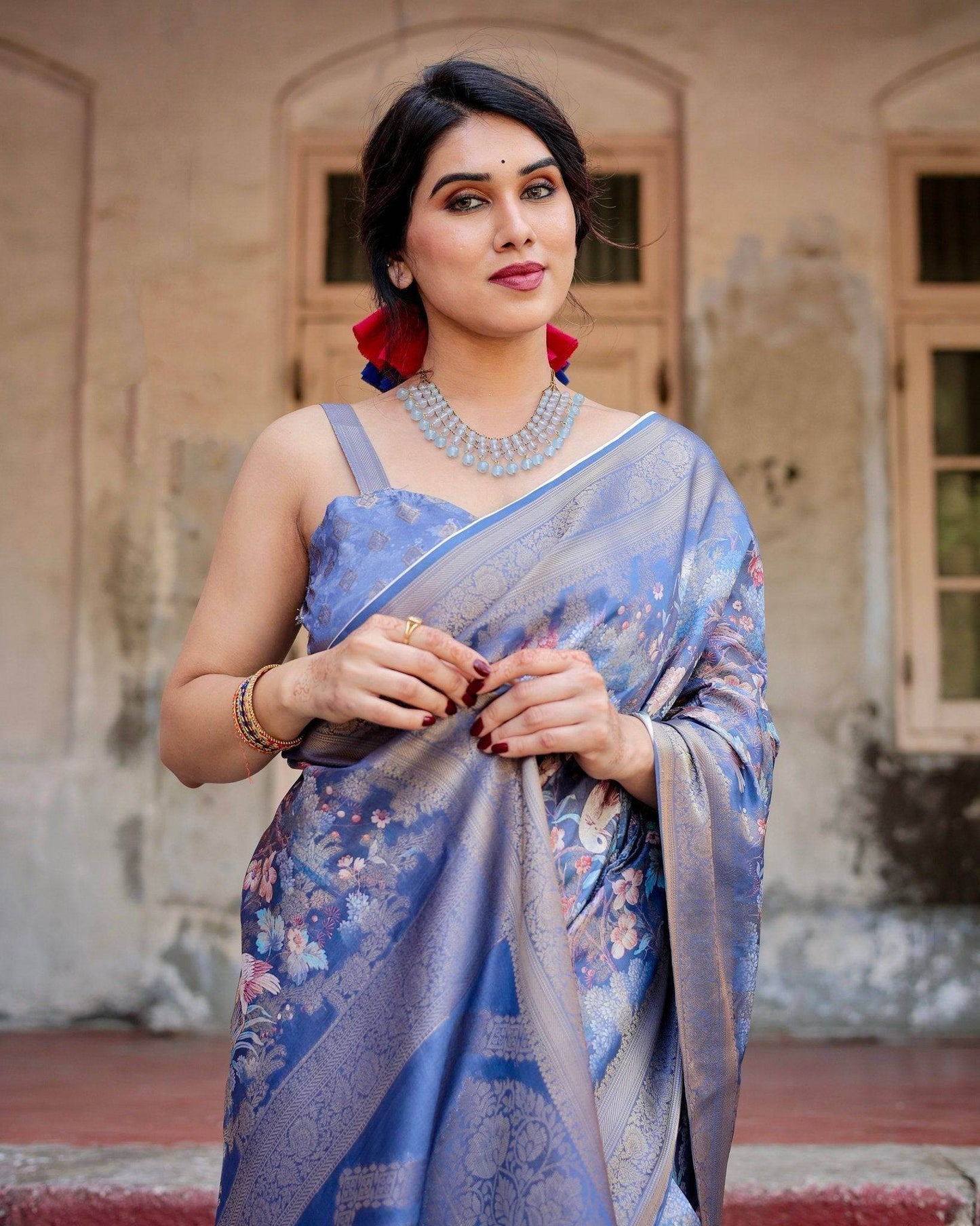 Majestic Blue Banarasi Silk Saree with Delicate Floral Zari Work and Tassel-Embellished Pallu - SEEANS