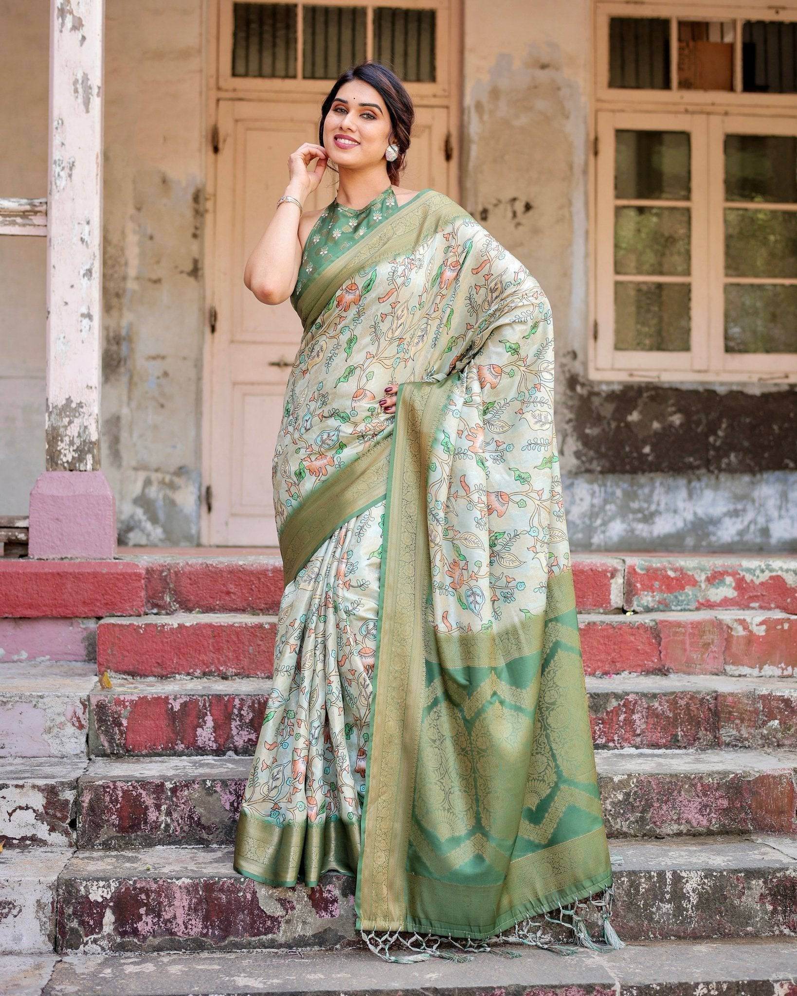 Timeless Green Banarasi Silk Saree with Zari Weaving and Tassels - SEEANS