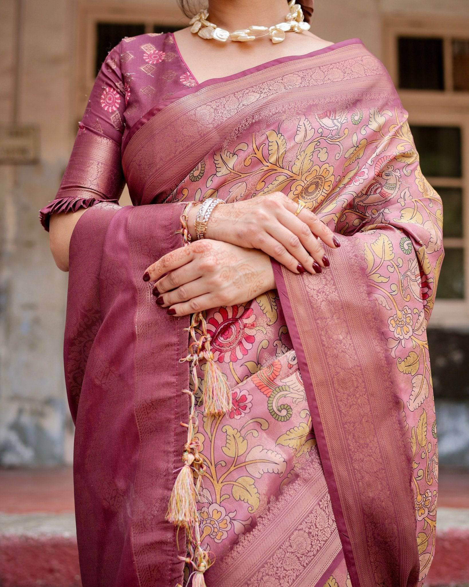 Elegant Pink Banarasi Silk Saree with Floral Zari Weaving and Tassel-Embellished Pallu - SEEANS