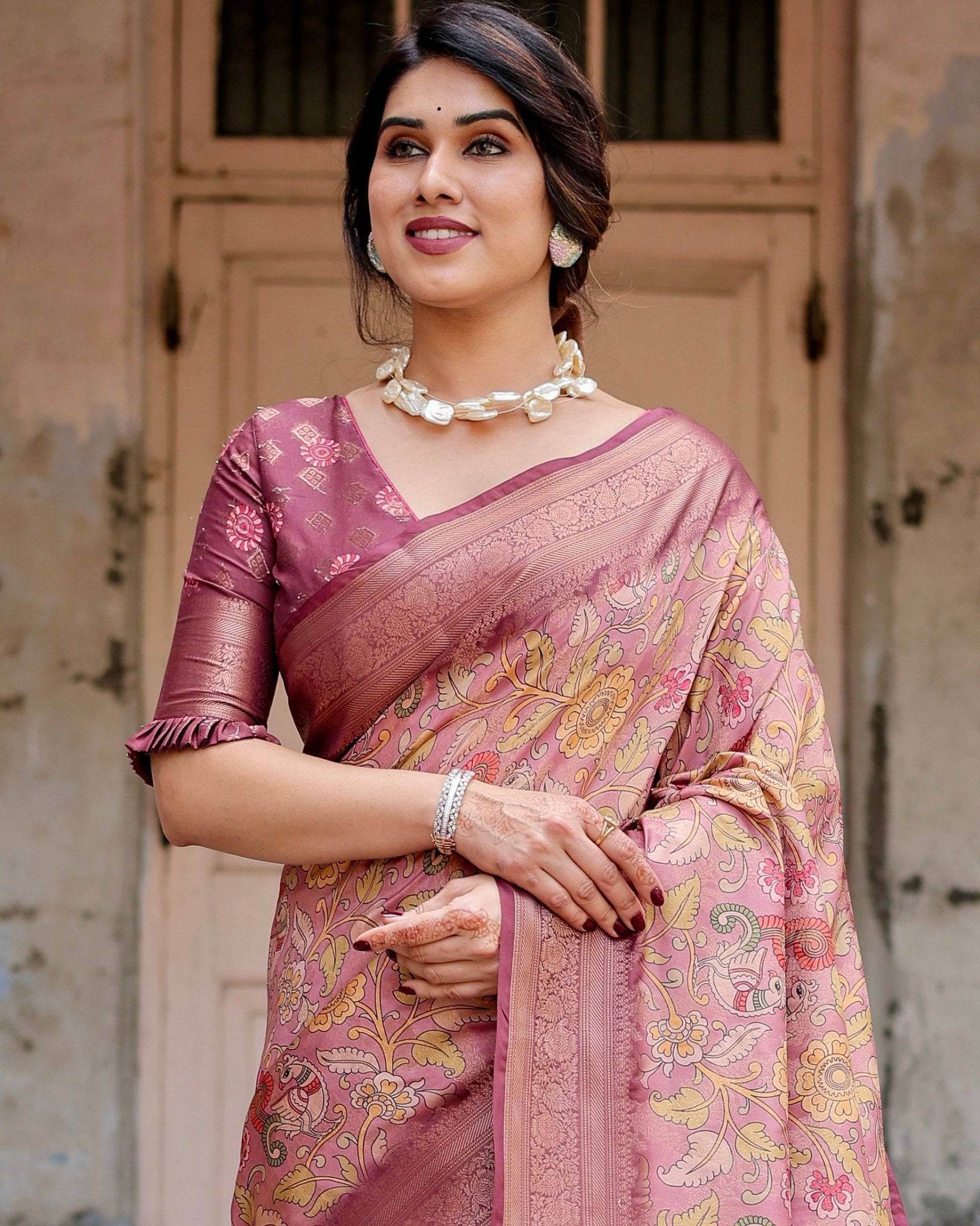 Elegant Pink Banarasi Silk Saree with Floral Zari Weaving and Tassel-Embellished Pallu - SEEANS