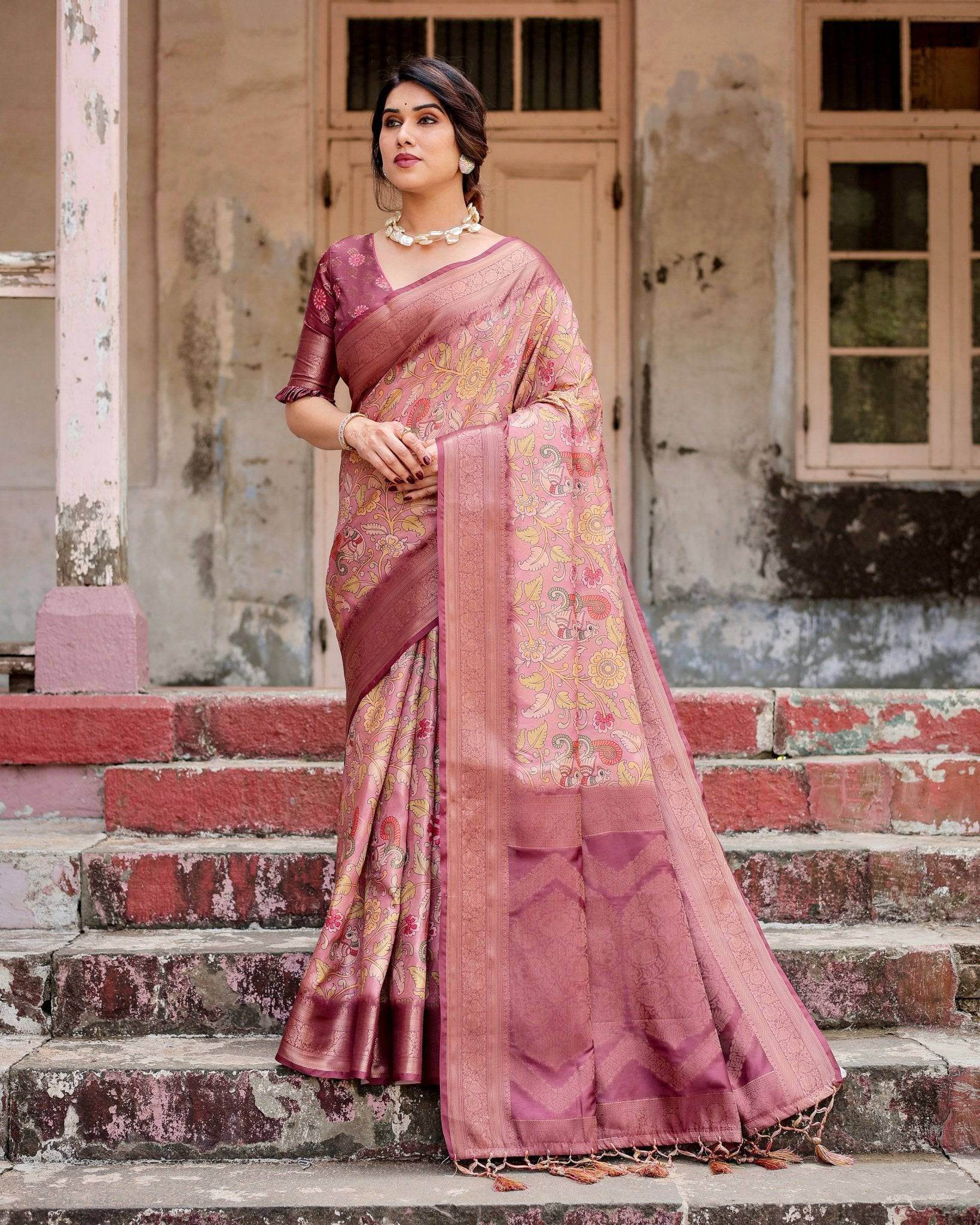 Elegant Pink Banarasi Silk Saree with Floral Zari Weaving and Tassel-Embellished Pallu - SEEANS