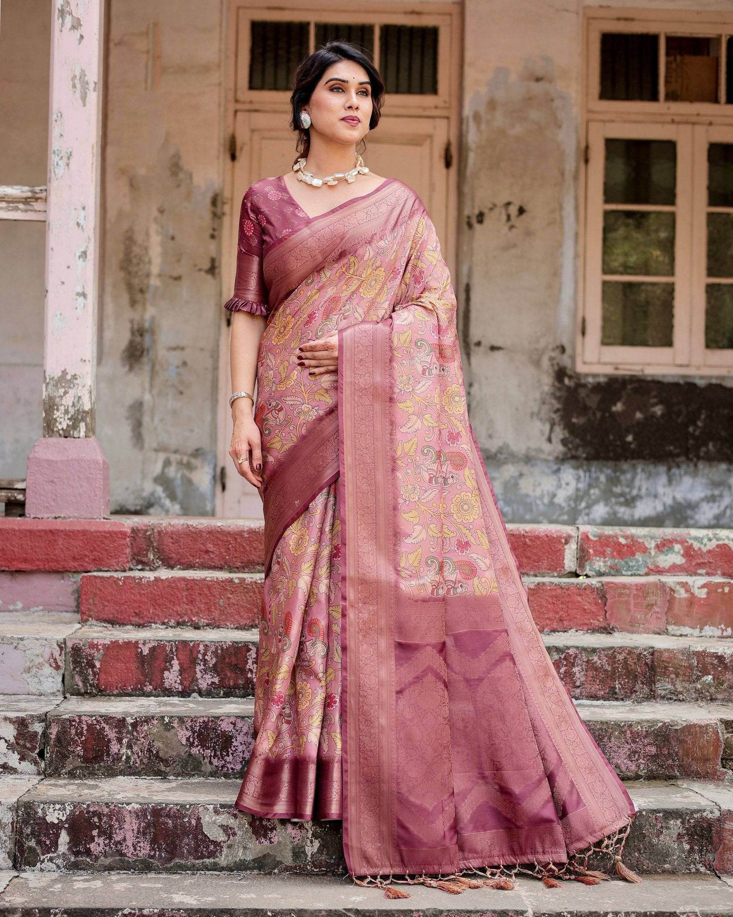 Elegant Pink Banarasi Silk Saree with Floral Zari Weaving and Tassel-Embellished Pallu - SEEANS