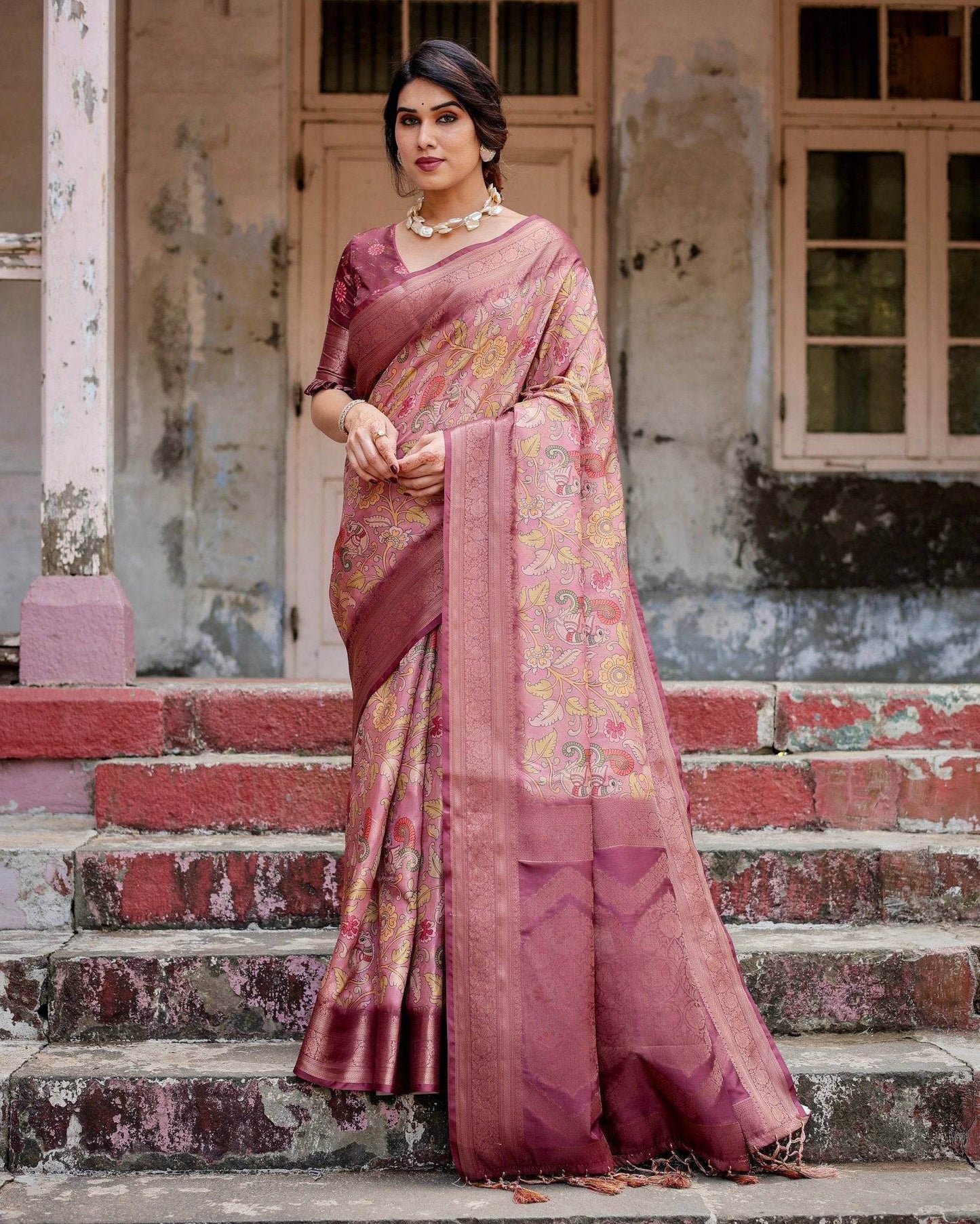 Elegant Pink Banarasi Silk Saree with Floral Zari Weaving and Tassel-Embellished Pallu - SEEANS