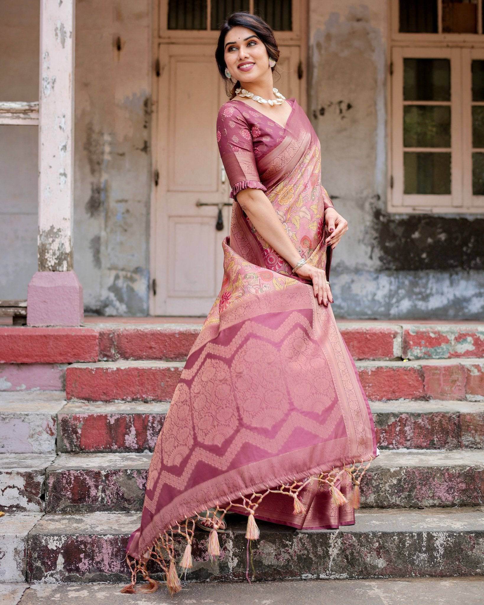 Elegant Pink Banarasi Silk Saree with Floral Zari Weaving and Tassel-Embellished Pallu - SEEANS
