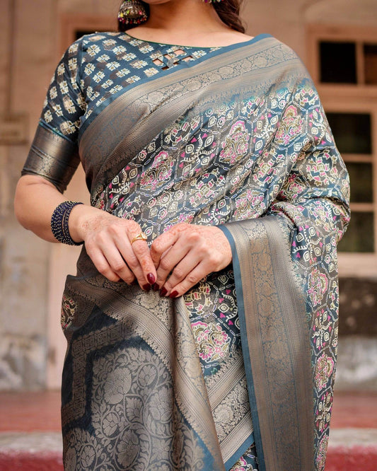 Elegant Blue and Grey Banarasi Silk Saree with Intricate Floral Patterns, Zari Woven Borders, and Tassel Accents - SEEANS