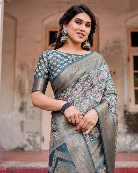 Elegant Blue and Grey Banarasi Silk Saree with Intricate Floral Patterns, Zari Woven Borders, and Tassel Accents - SEEANS