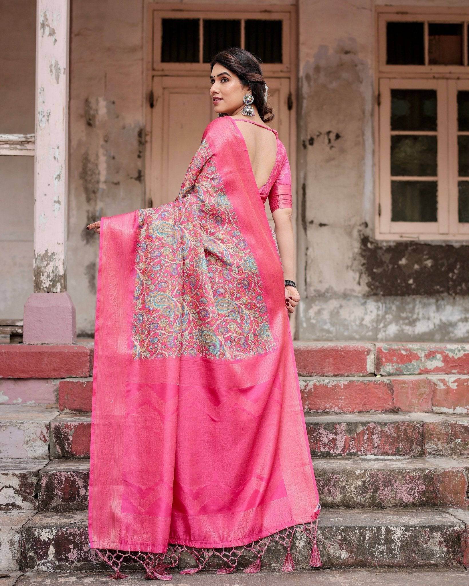 Elegant Pink Banarasi Silk Saree with Paisley Design, Zari Weaving, and Tassels - SEEANS
