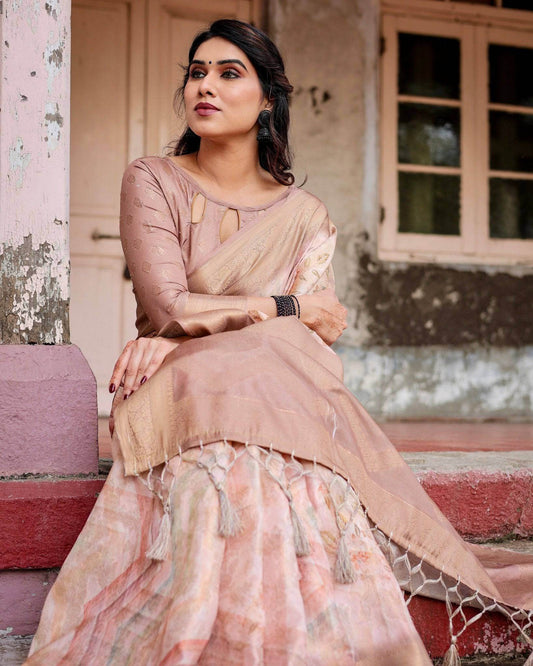 Elegant Beige Banarasi Silk Saree with Tassels and Zari Work - SEEANS