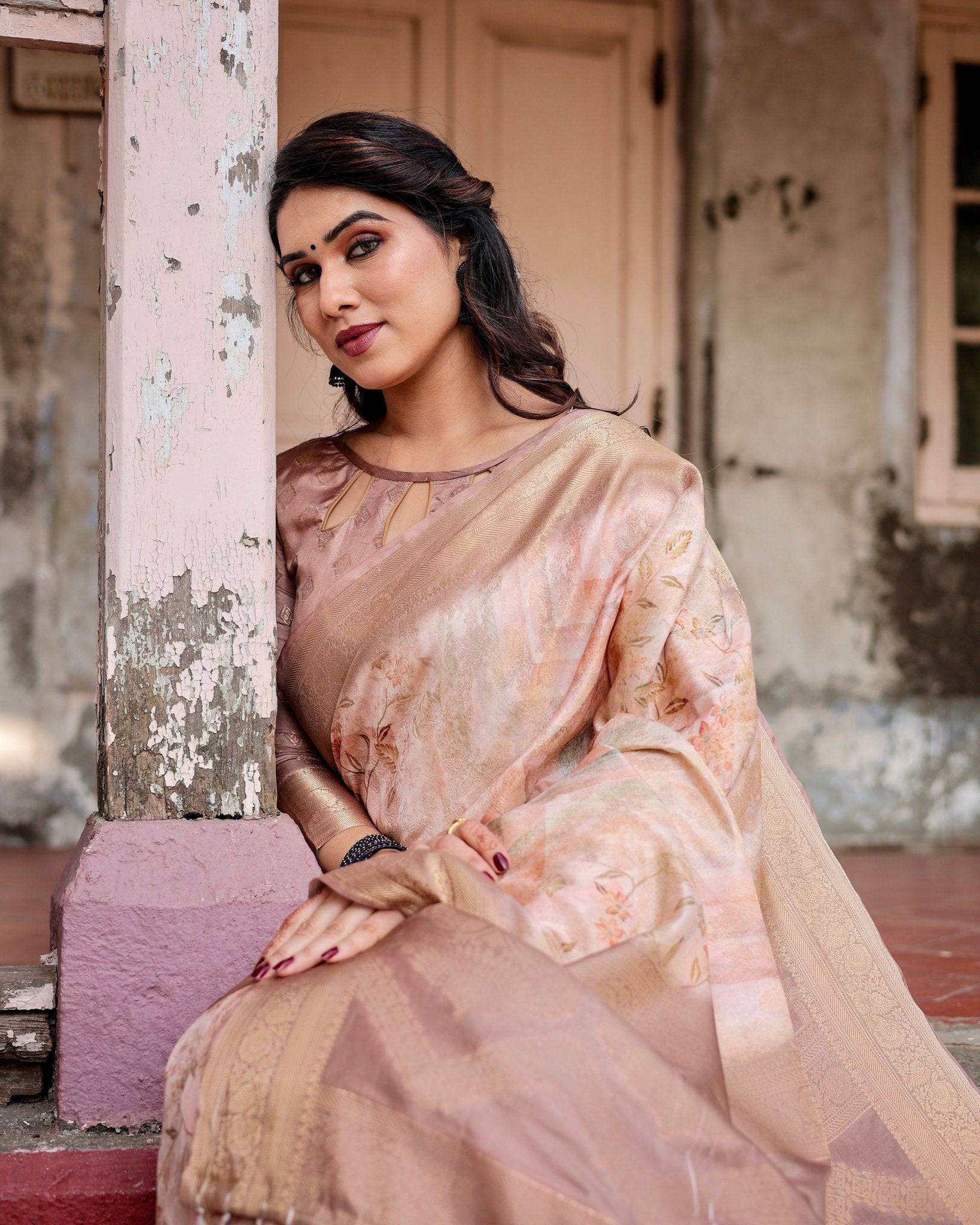 Elegant Beige Banarasi Silk Saree with Tassels and Zari Work - SEEANS