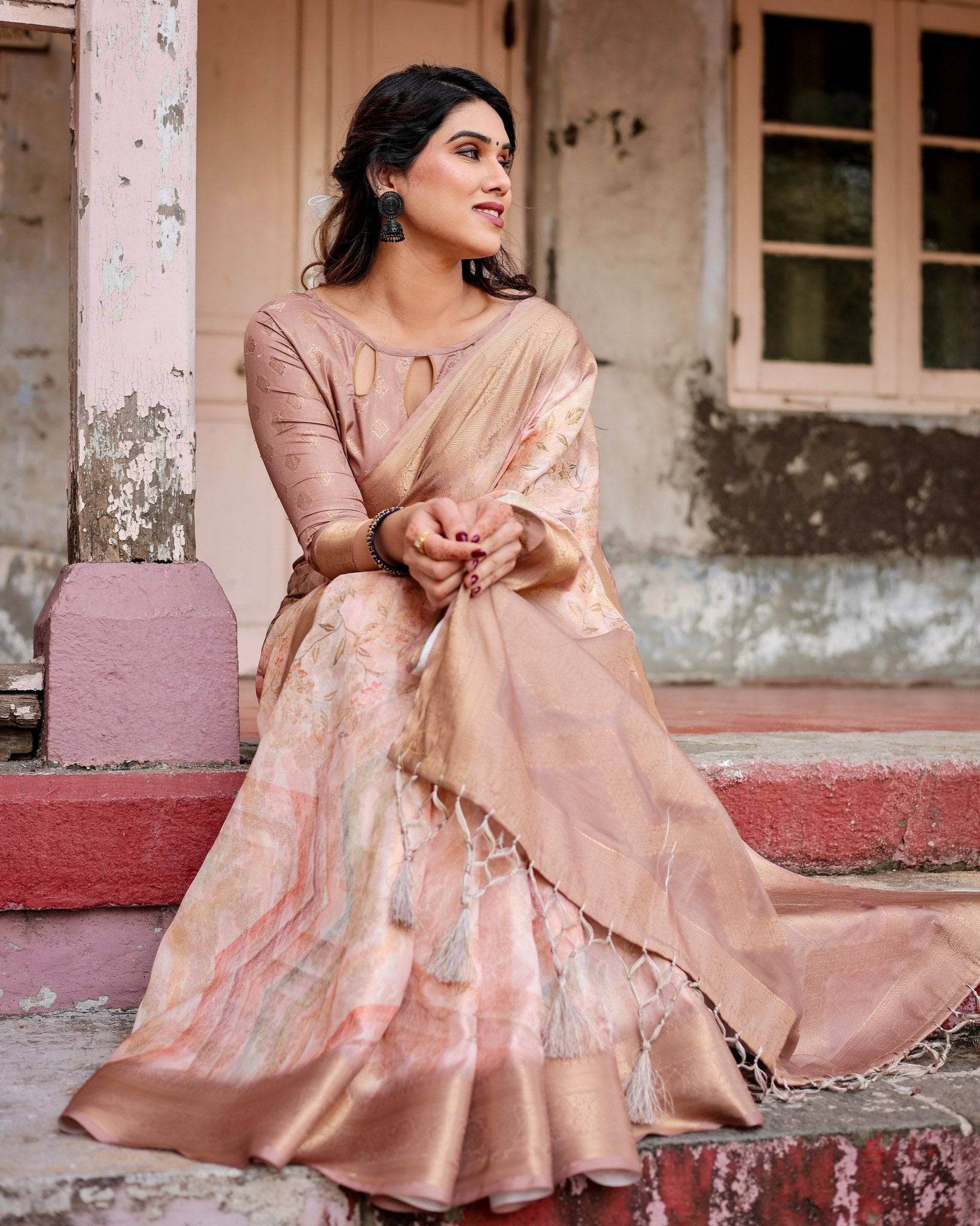 Elegant Beige Banarasi Silk Saree with Tassels and Zari Work - SEEANS