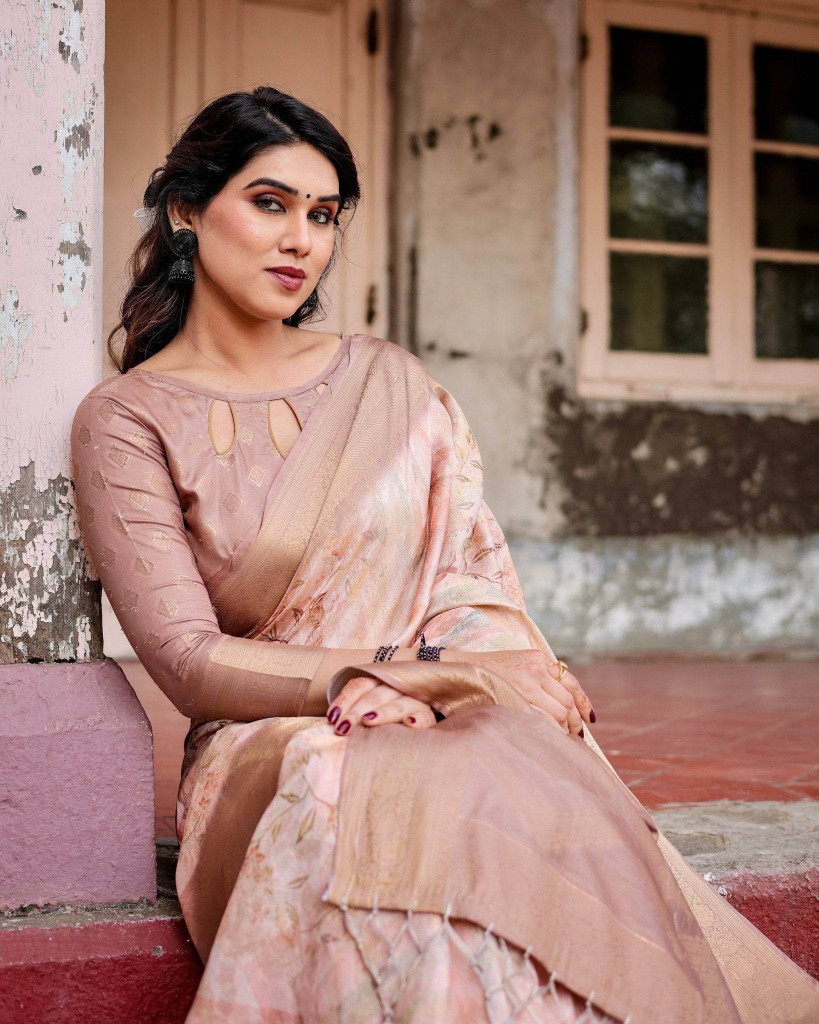Elegant Beige Banarasi Silk Saree with Tassels and Zari Work - SEEANS