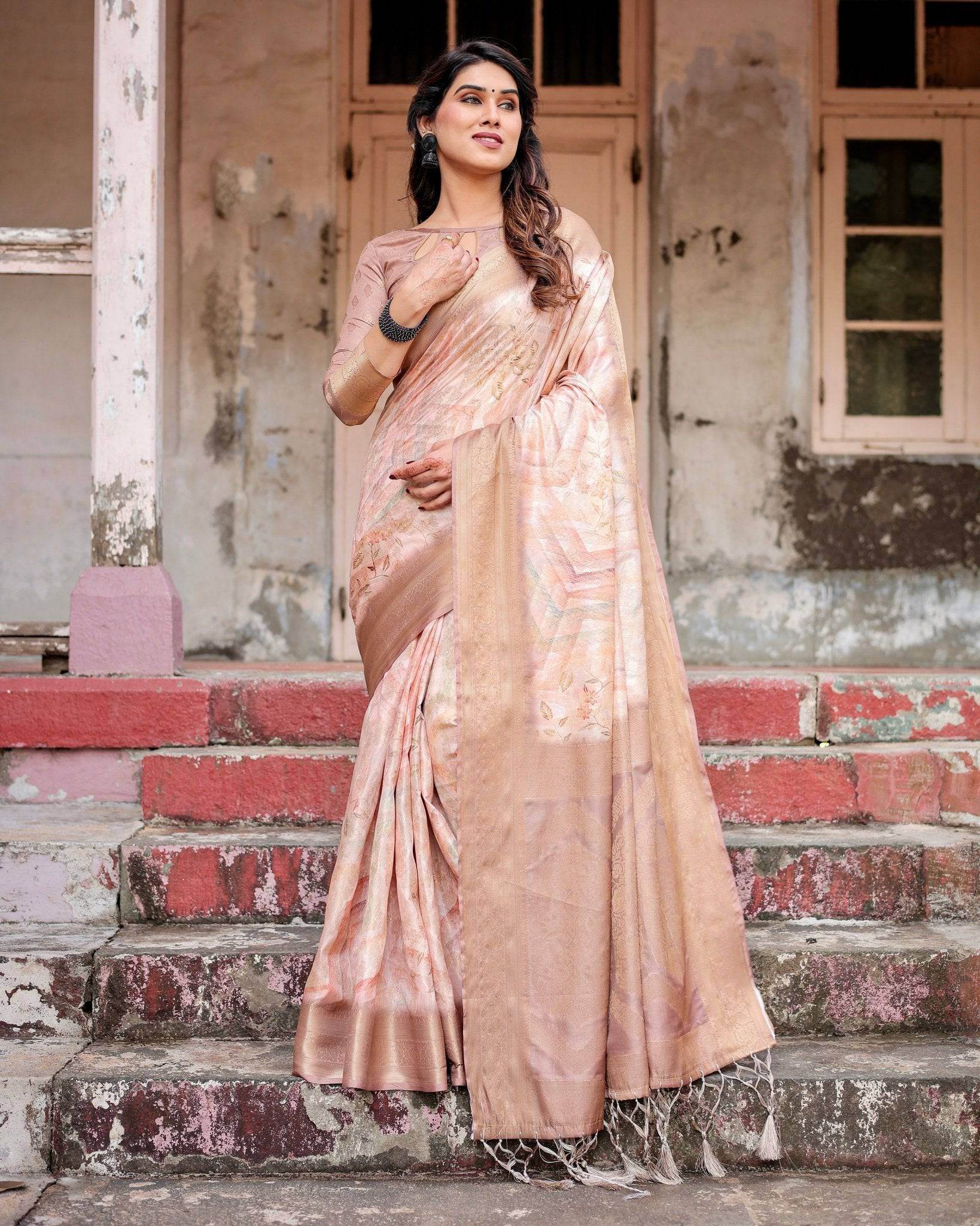 Elegant Beige Banarasi Silk Saree with Tassels and Zari Work - SEEANS