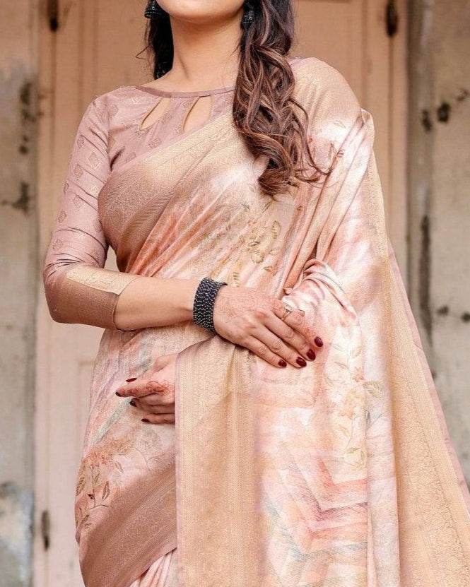Elegant Beige Banarasi Silk Saree with Tassels and Zari Work - SEEANS