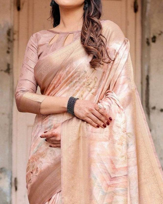 Elegant Beige Banarasi Silk Saree with Tassels and Zari Work - SEEANS