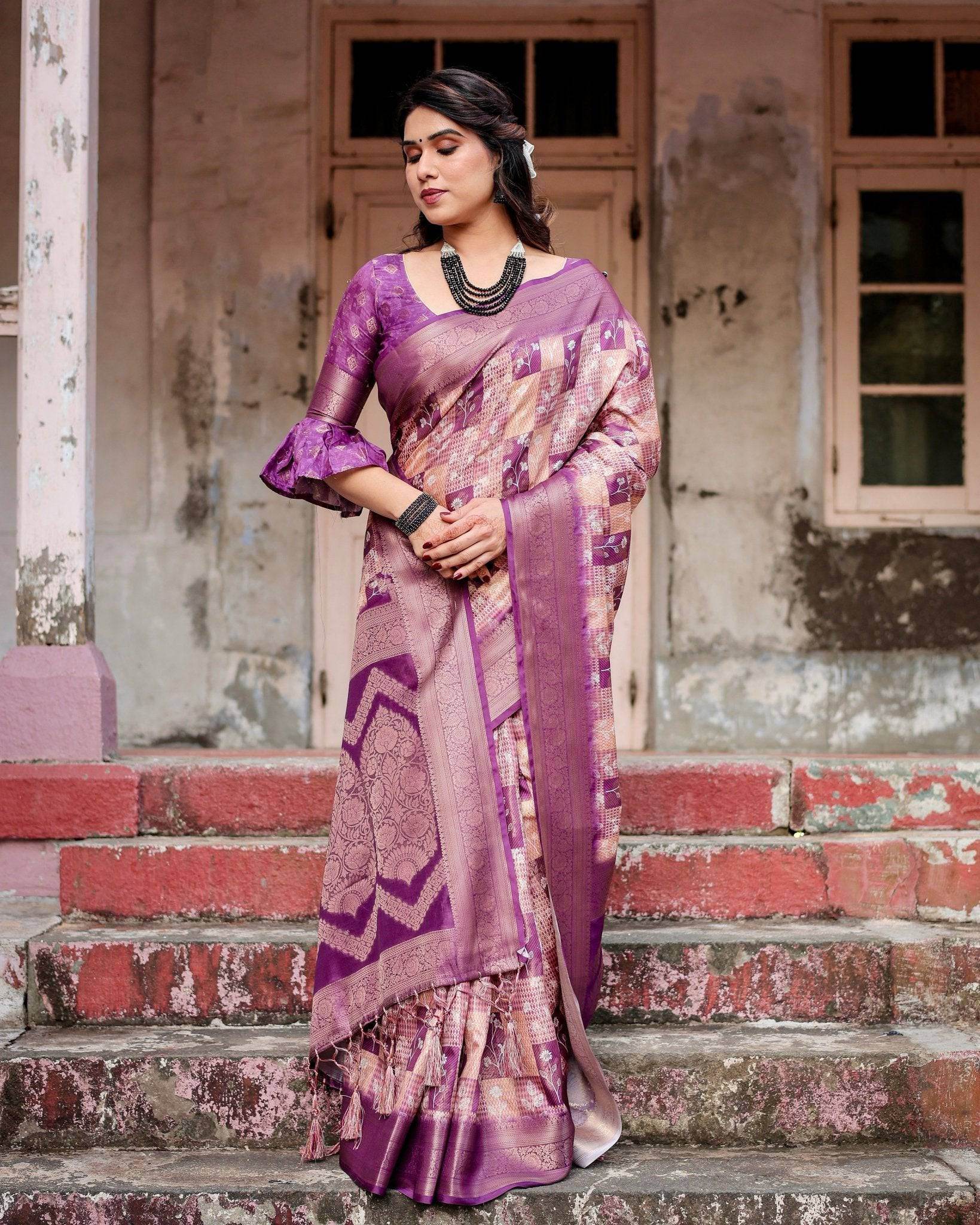 Exquisite Lavender Banarasi Silk Saree with Zari Weave and Tassels - SEEANS