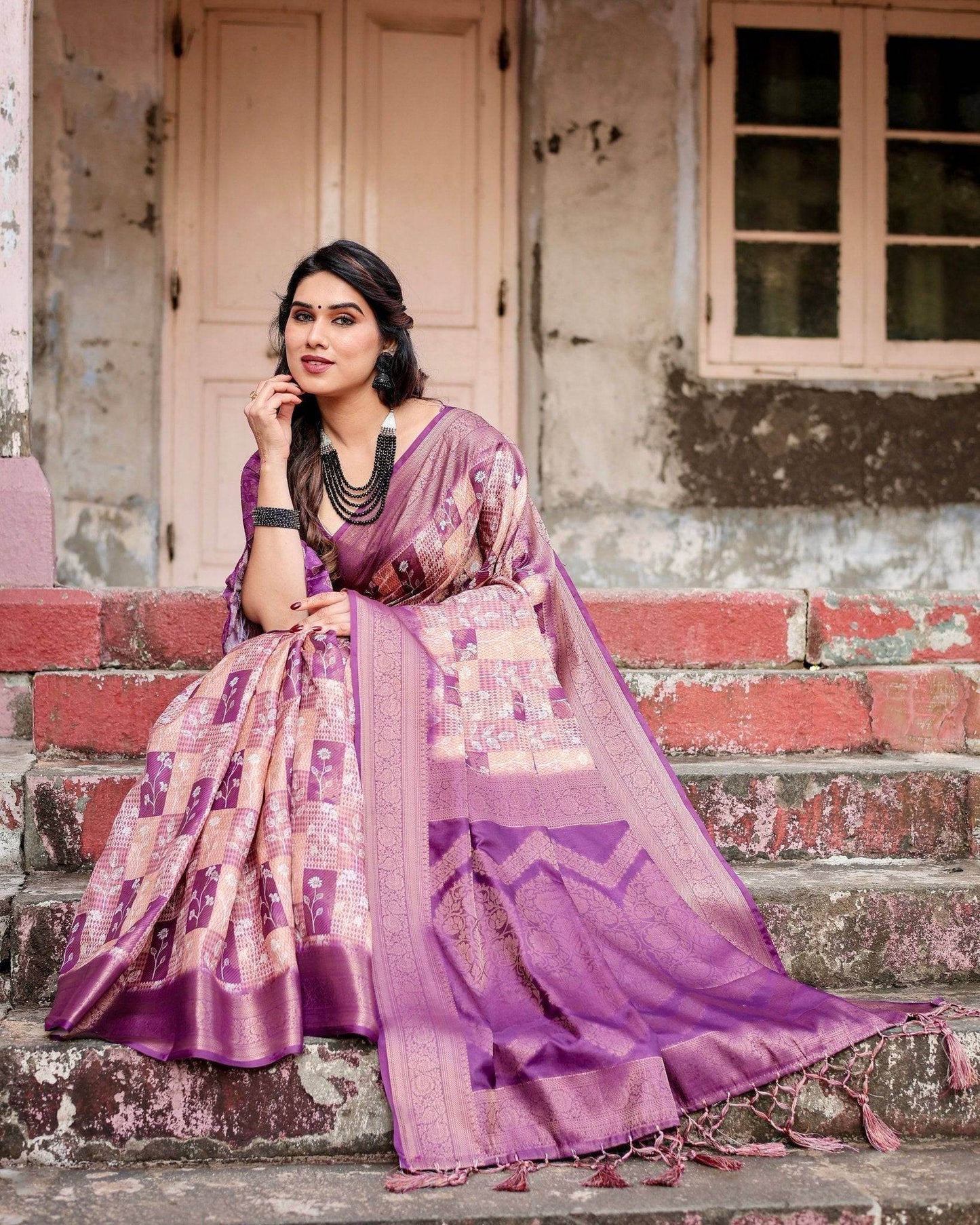 Exquisite Lavender Banarasi Silk Saree with Zari Weave and Tassels - SEEANS