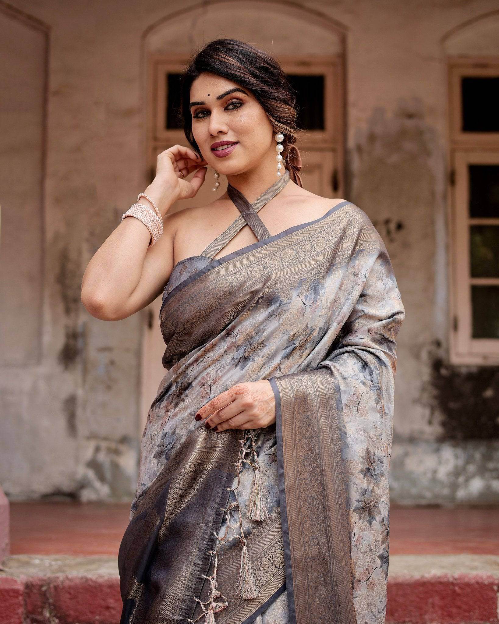 Grey Banarasi Silk Saree with Abstract Floral Print, Zari Border & Tassel Detailing - SEEANS