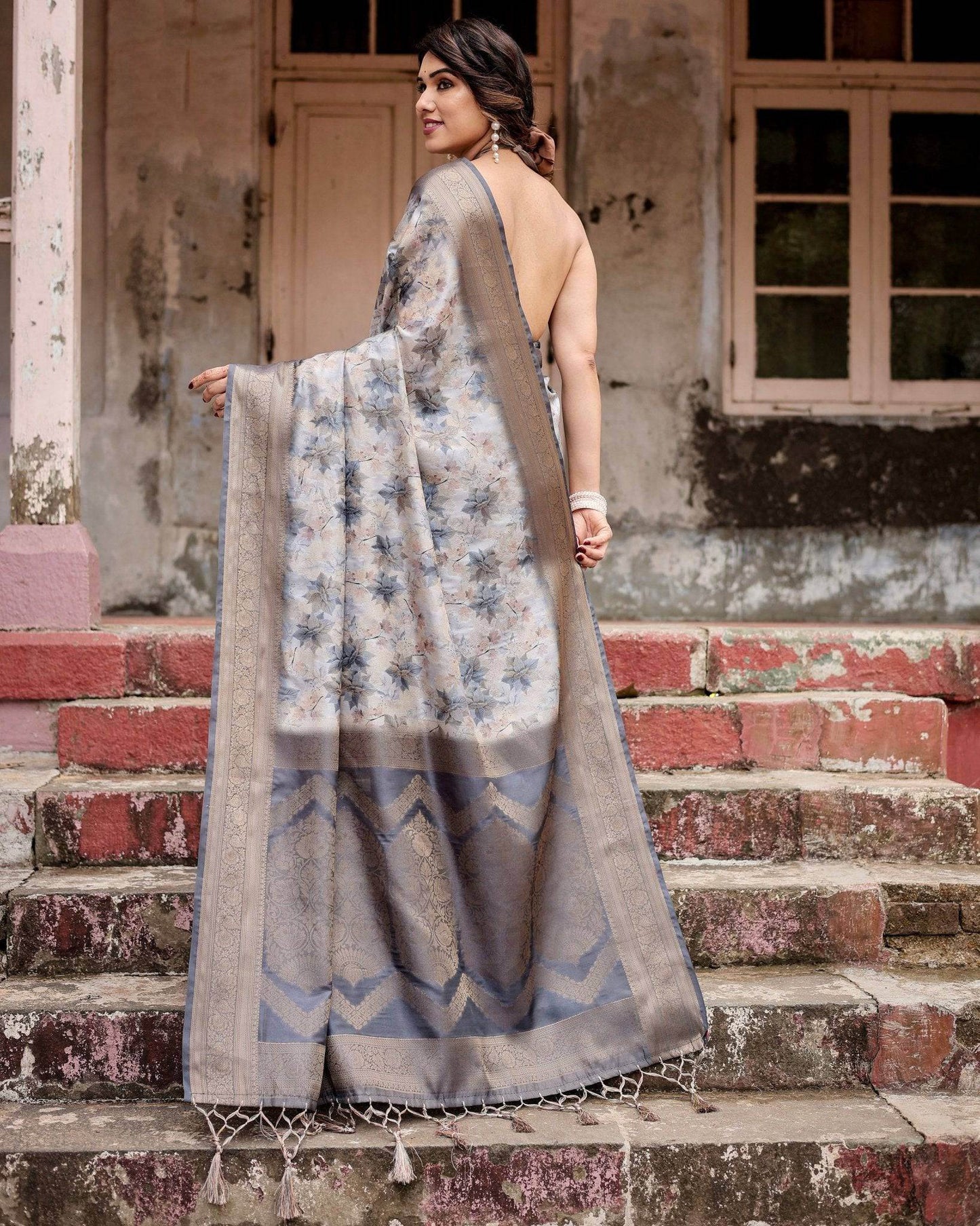 Grey Banarasi Silk Saree with Abstract Floral Print, Zari Border & Tassel Detailing - SEEANS
