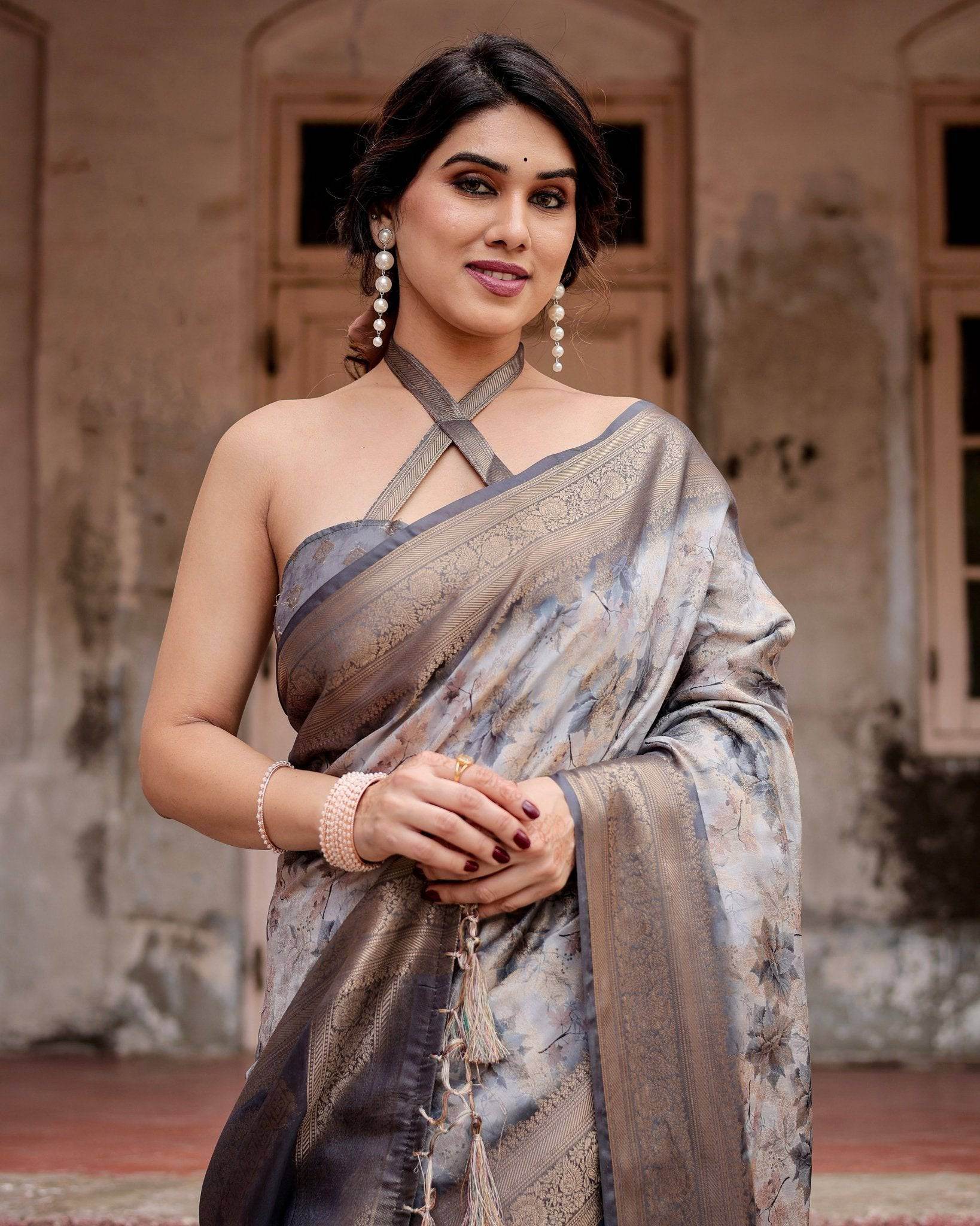 Grey Banarasi Silk Saree with Abstract Floral Print, Zari Border & Tassel Detailing - SEEANS