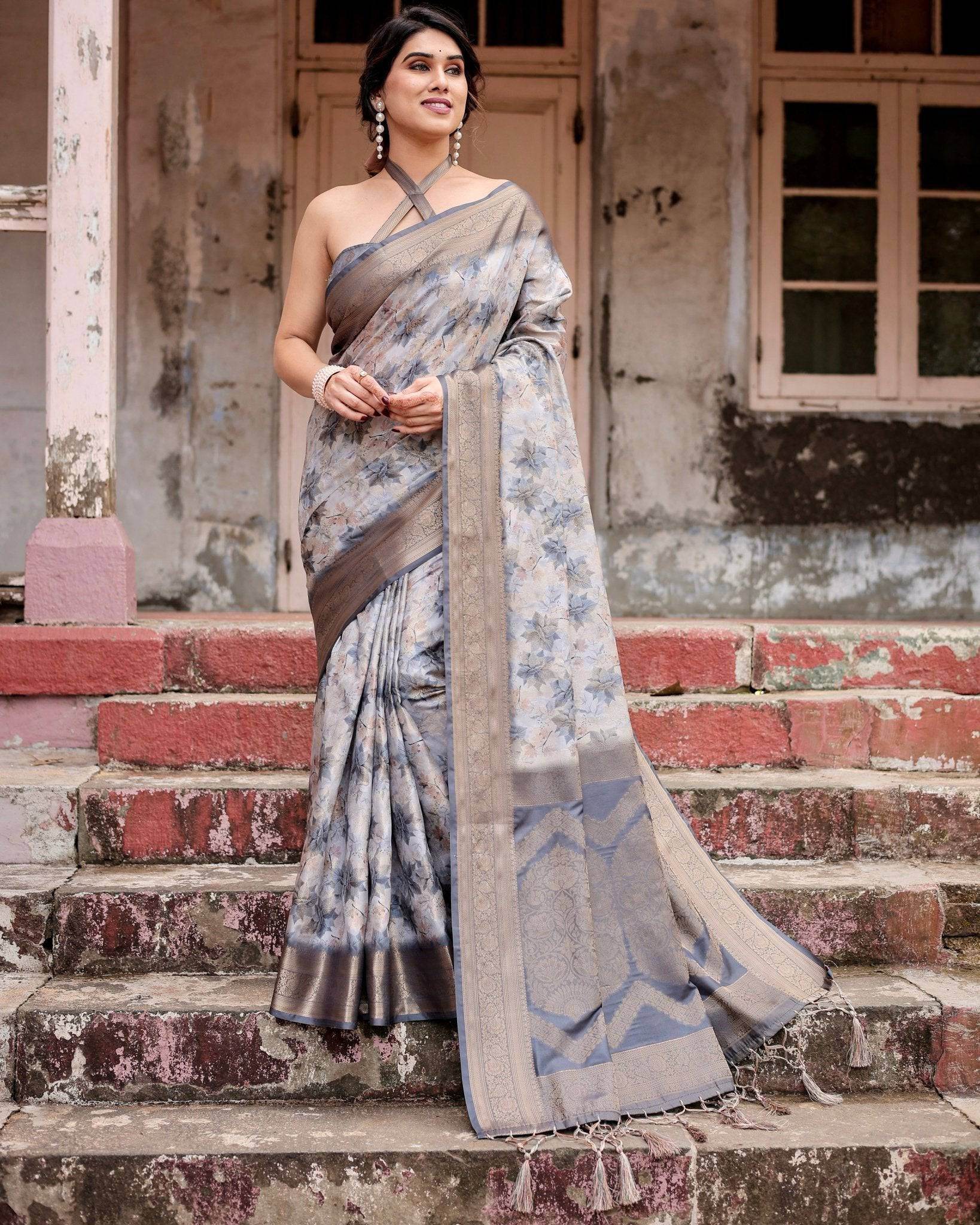 Grey Banarasi Silk Saree with Abstract Floral Print, Zari Border & Tassel Detailing - SEEANS