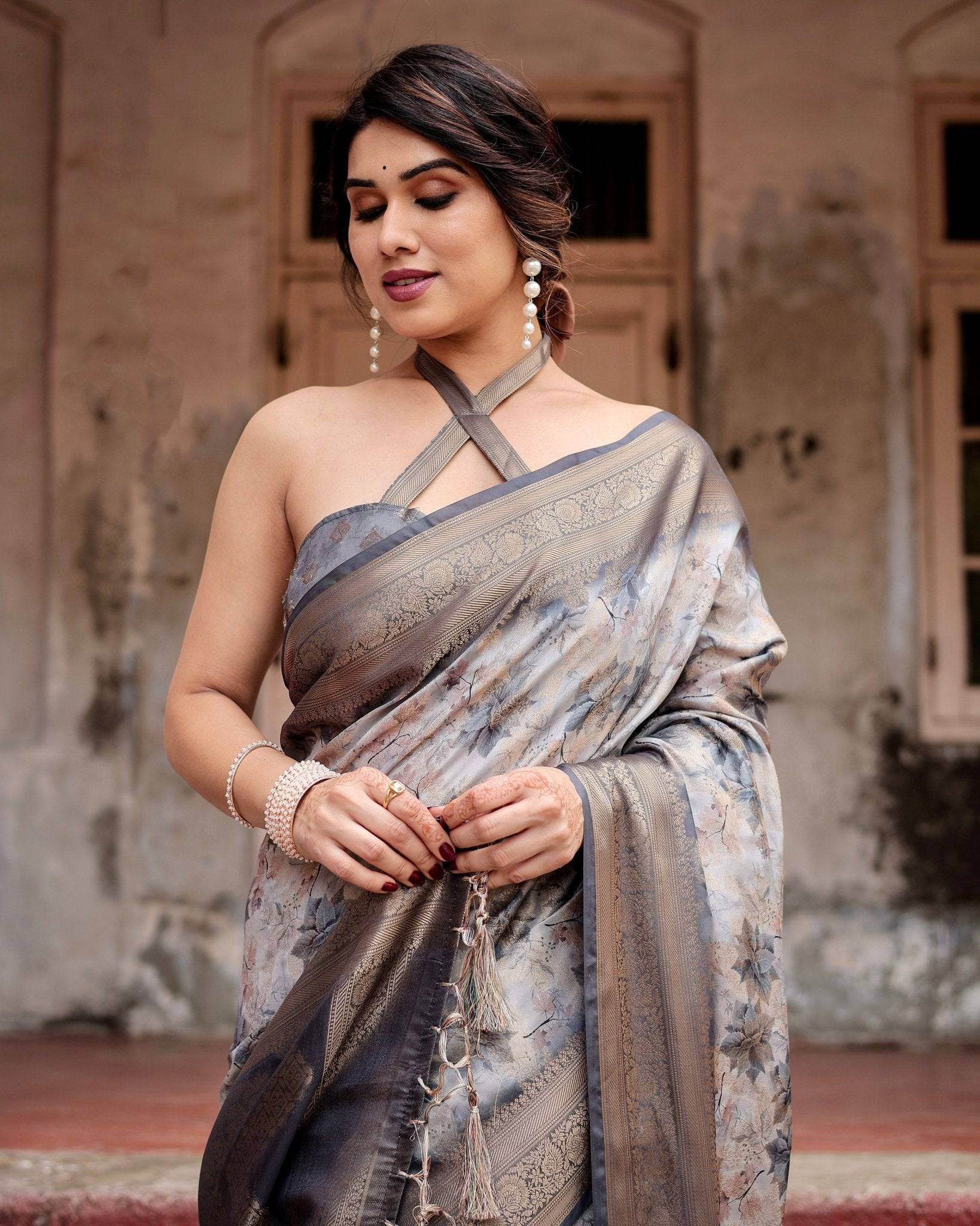 Grey Banarasi Silk Saree with Abstract Floral Print, Zari Border & Tassel Detailing - SEEANS