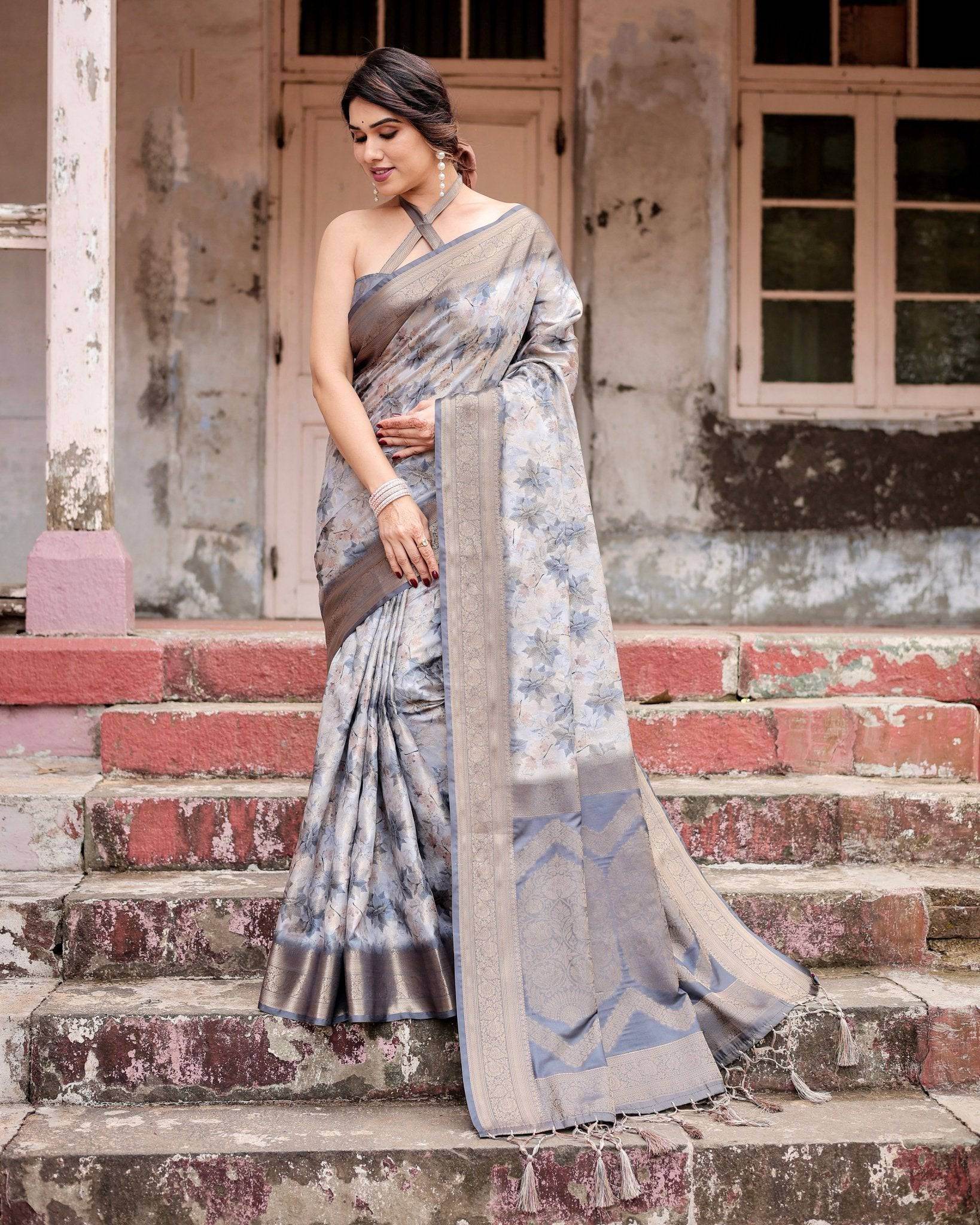 Grey Banarasi Silk Saree with Abstract Floral Print, Zari Border & Tassel Detailing - SEEANS