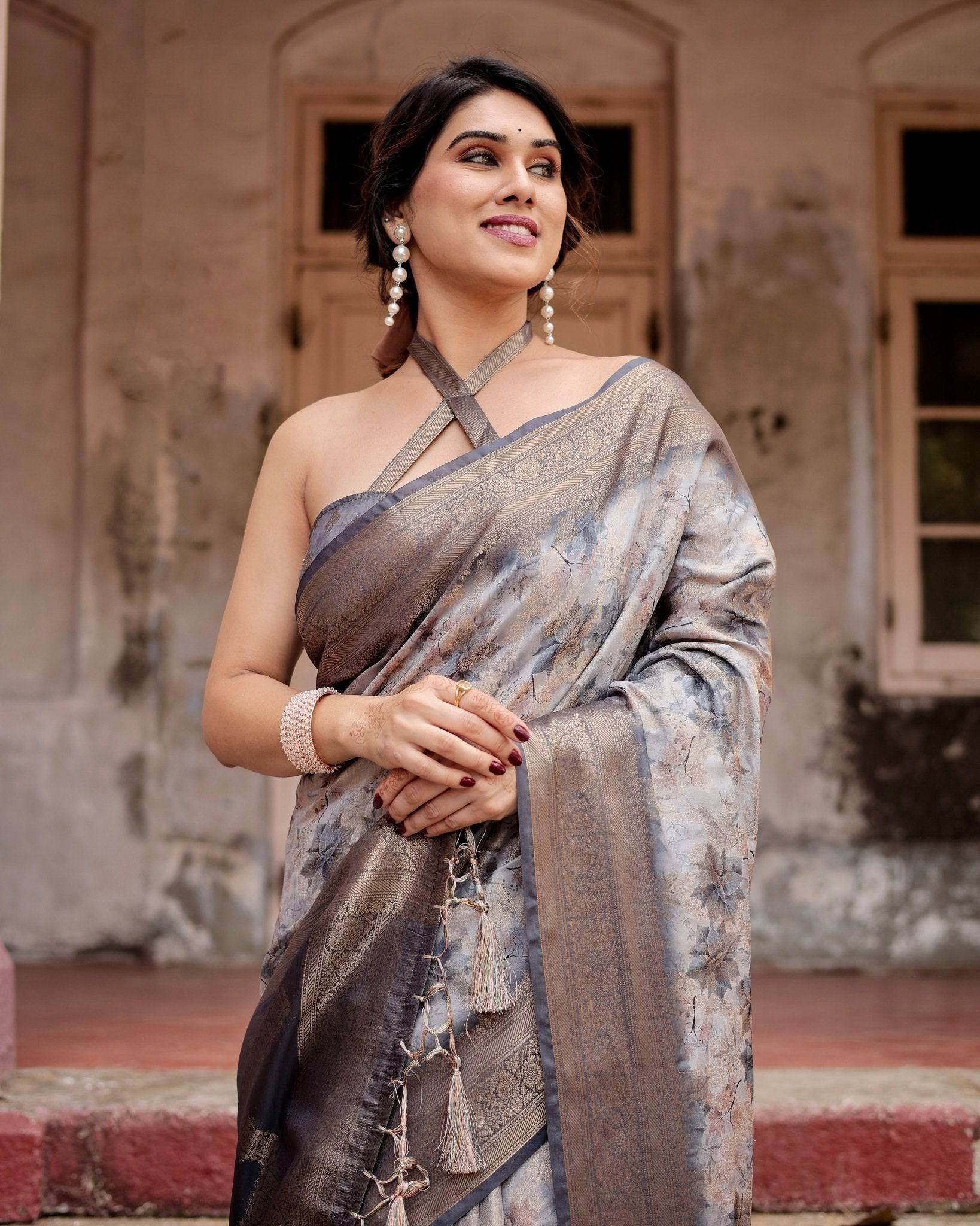 Grey Banarasi Silk Saree with Abstract Floral Print, Zari Border & Tassel Detailing - SEEANS