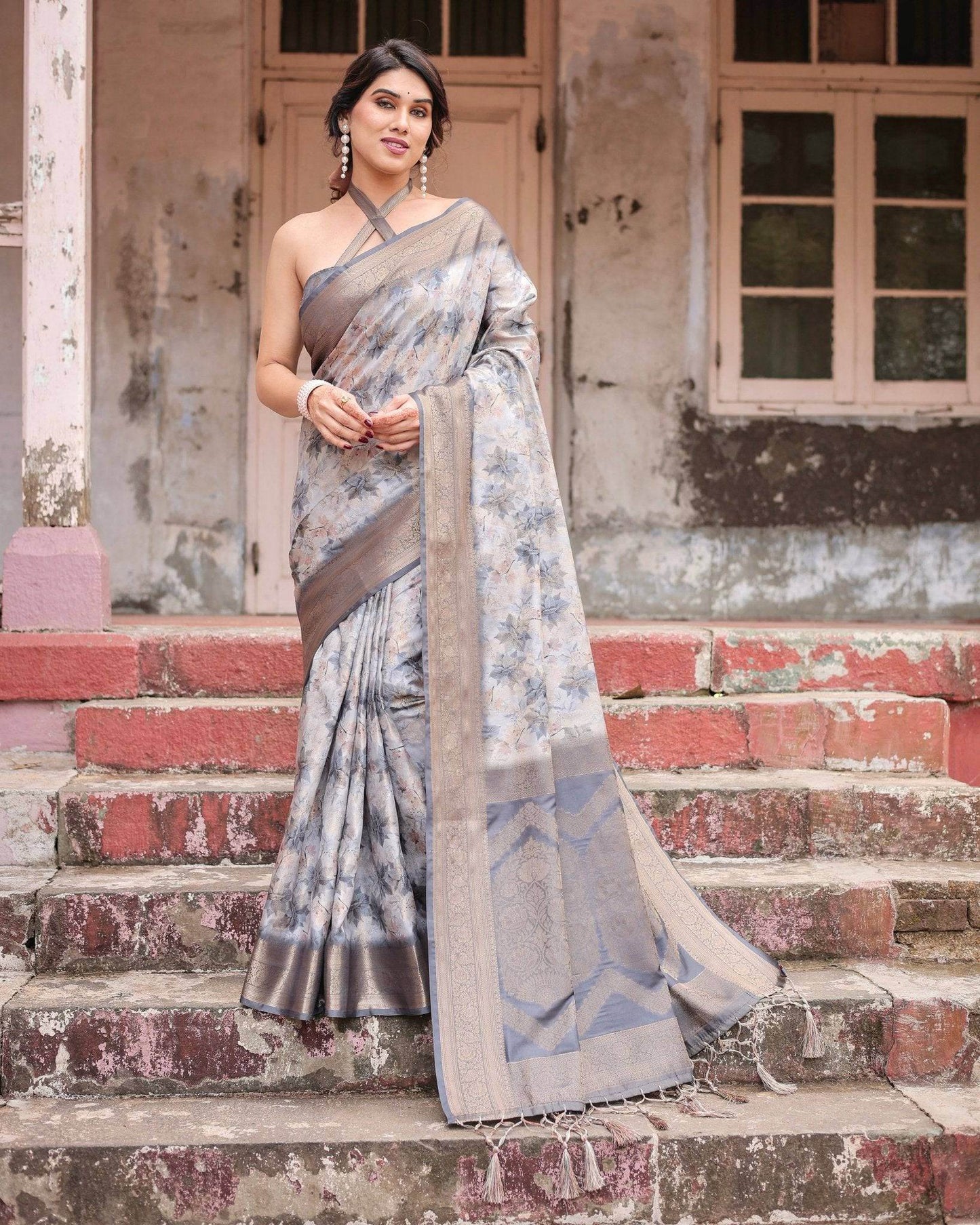 Grey Banarasi Silk Saree with Abstract Floral Print, Zari Border & Tassel Detailing - SEEANS