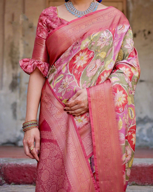 Graceful Peach and Pink Banarasi Silk Saree with Zari Weave and Tassels - SEEANS