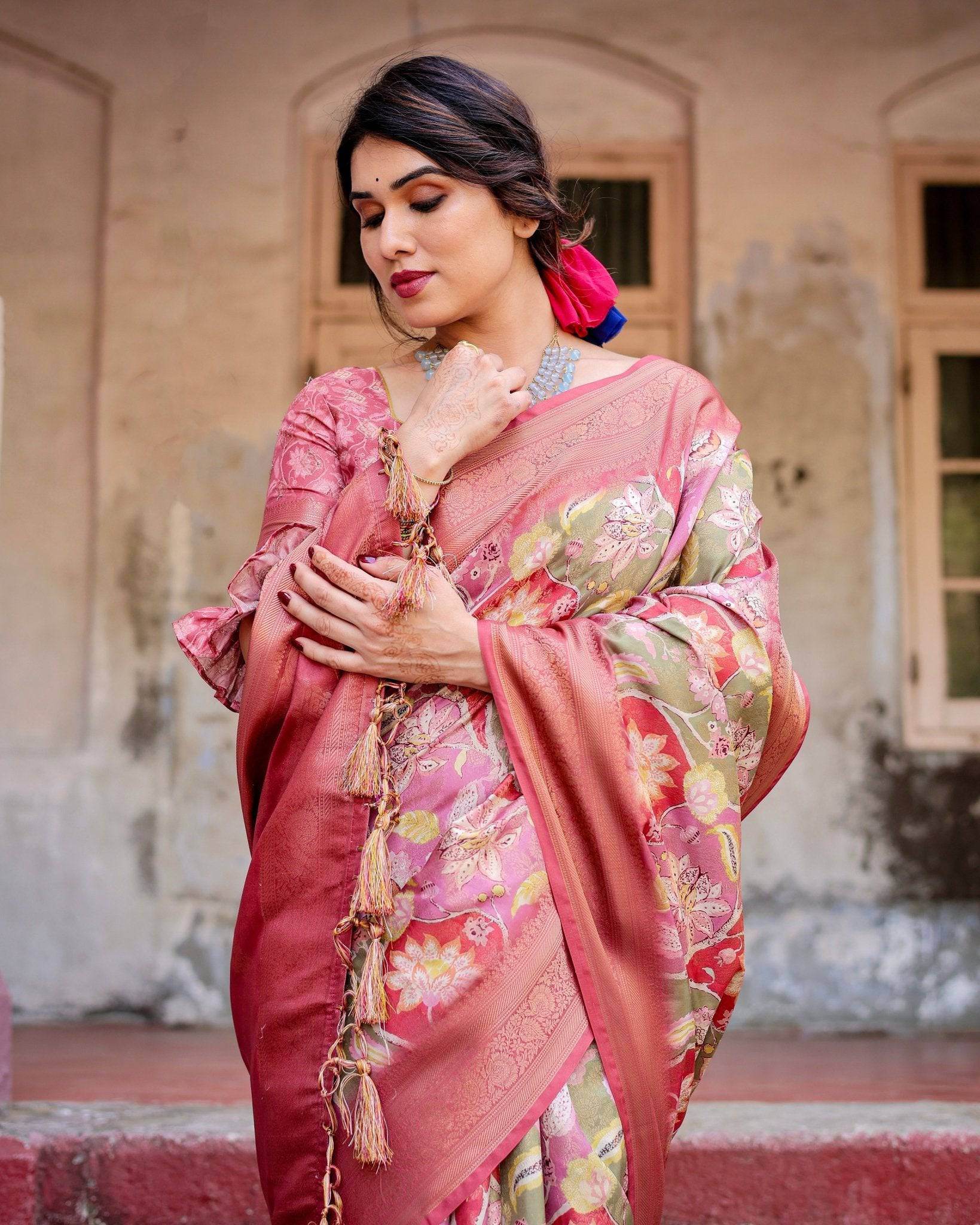 Graceful Peach and Pink Banarasi Silk Saree with Zari Weave and Tassels - SEEANS