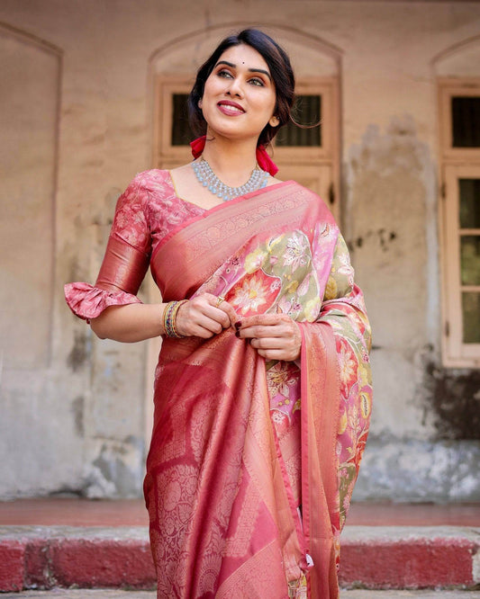 Graceful Peach and Pink Banarasi Silk Saree with Zari Weave and Tassels - SEEANS