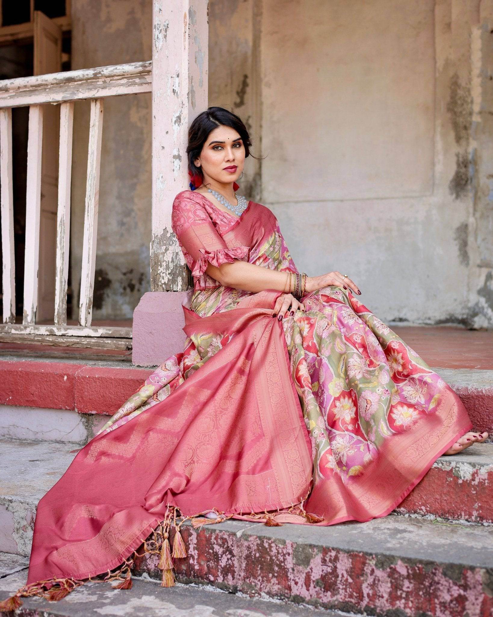 Graceful Peach and Pink Banarasi Silk Saree with Zari Weave and Tassels - SEEANS