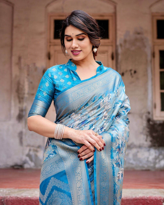 Aqua Blue Banarasi Silk Saree with Zari Border, Floral Motifs, and Tassels - SEEANS