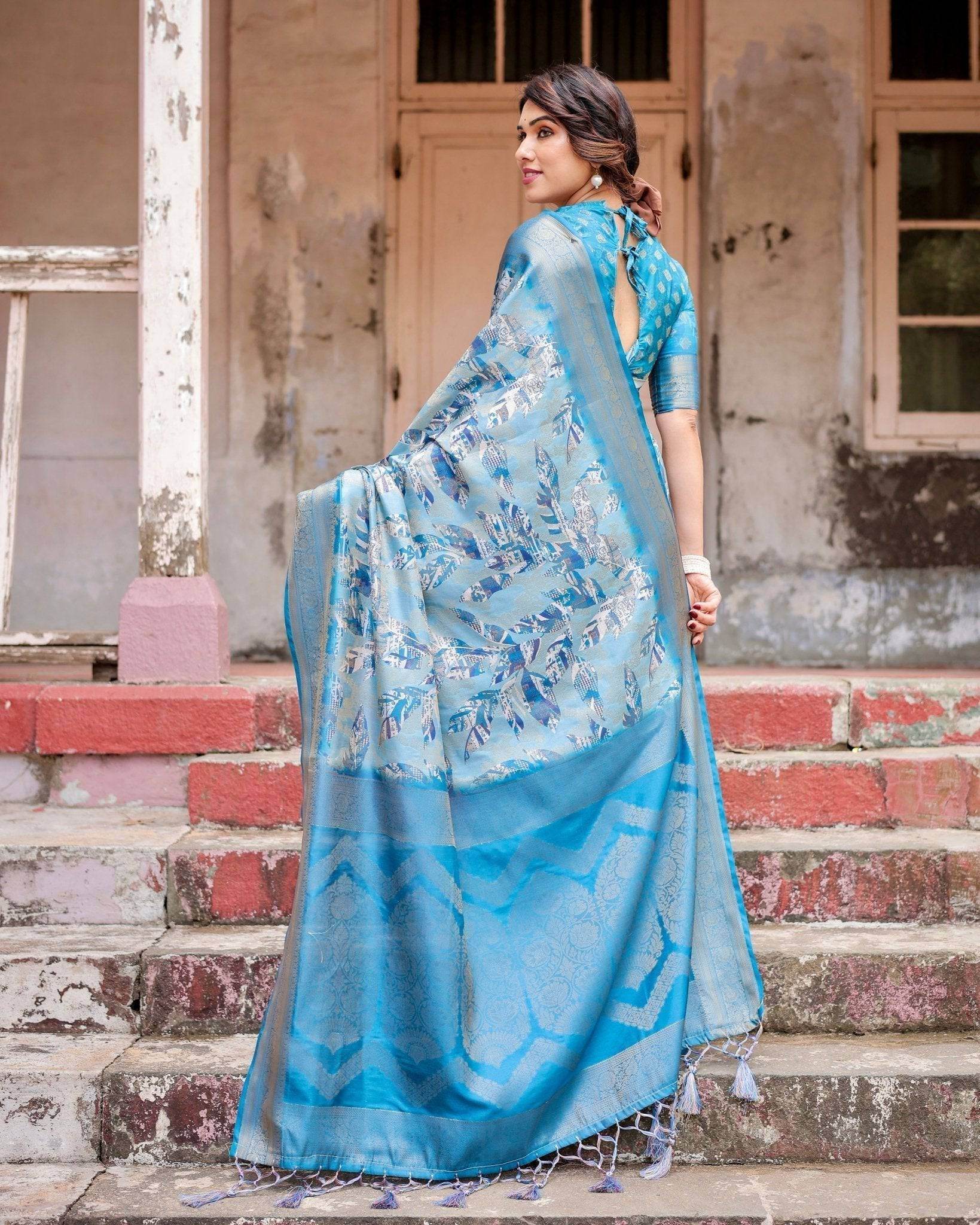 Aqua Blue Banarasi Silk Saree with Zari Border, Floral Motifs, and Tassels - SEEANS
