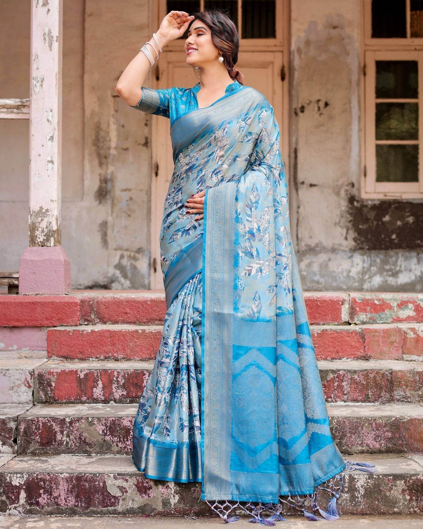 Aqua Blue Banarasi Silk Saree with Zari Border, Floral Motifs, and Tassels - SEEANS