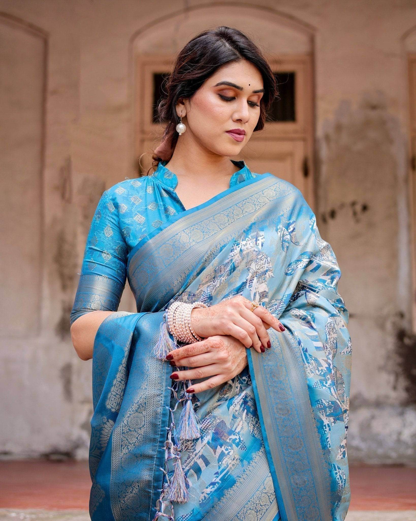 Aqua Blue Banarasi Silk Saree with Zari Border, Floral Motifs, and Tassels - SEEANS