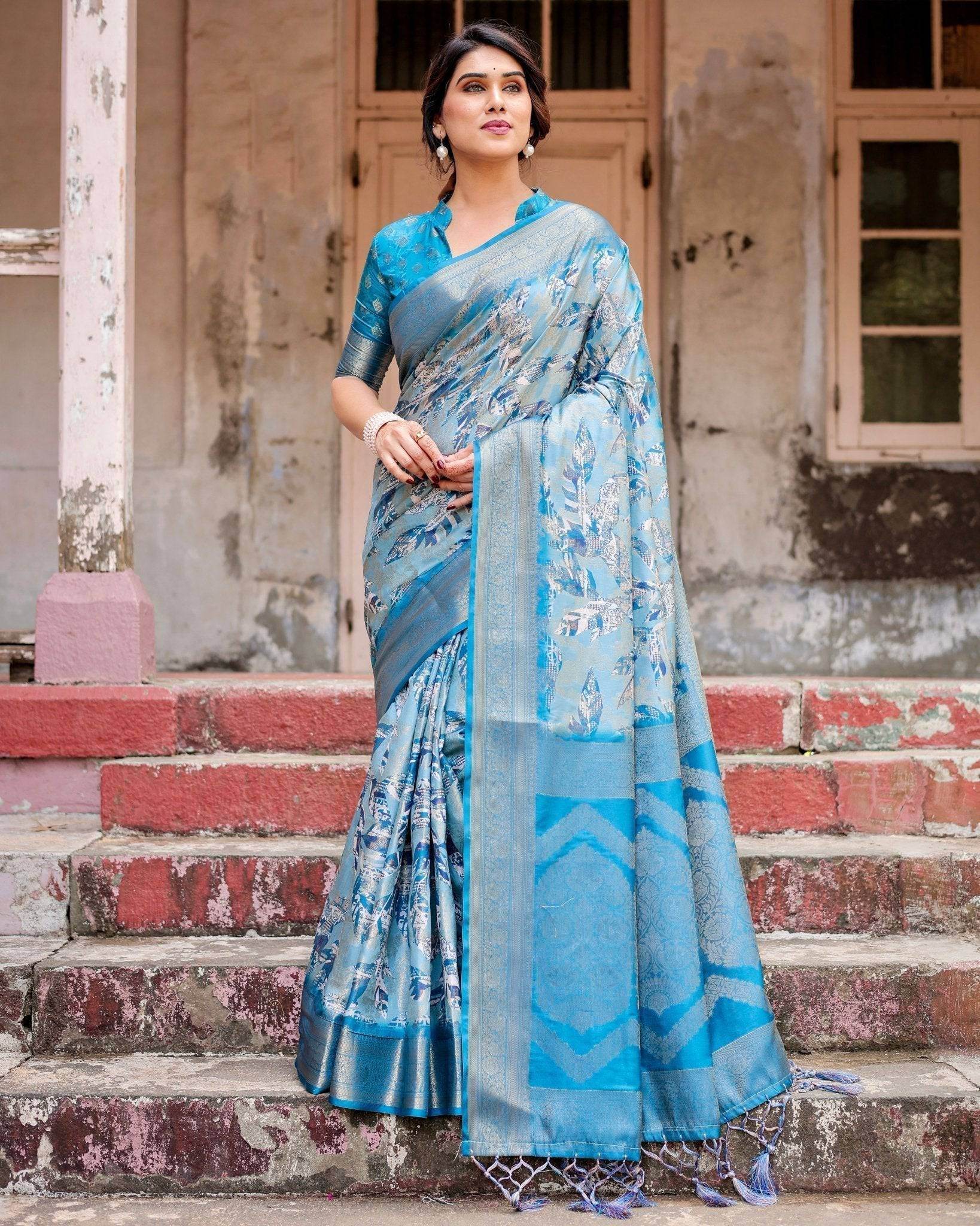 Aqua Blue Banarasi Silk Saree with Zari Border, Floral Motifs, and Tassels - SEEANS