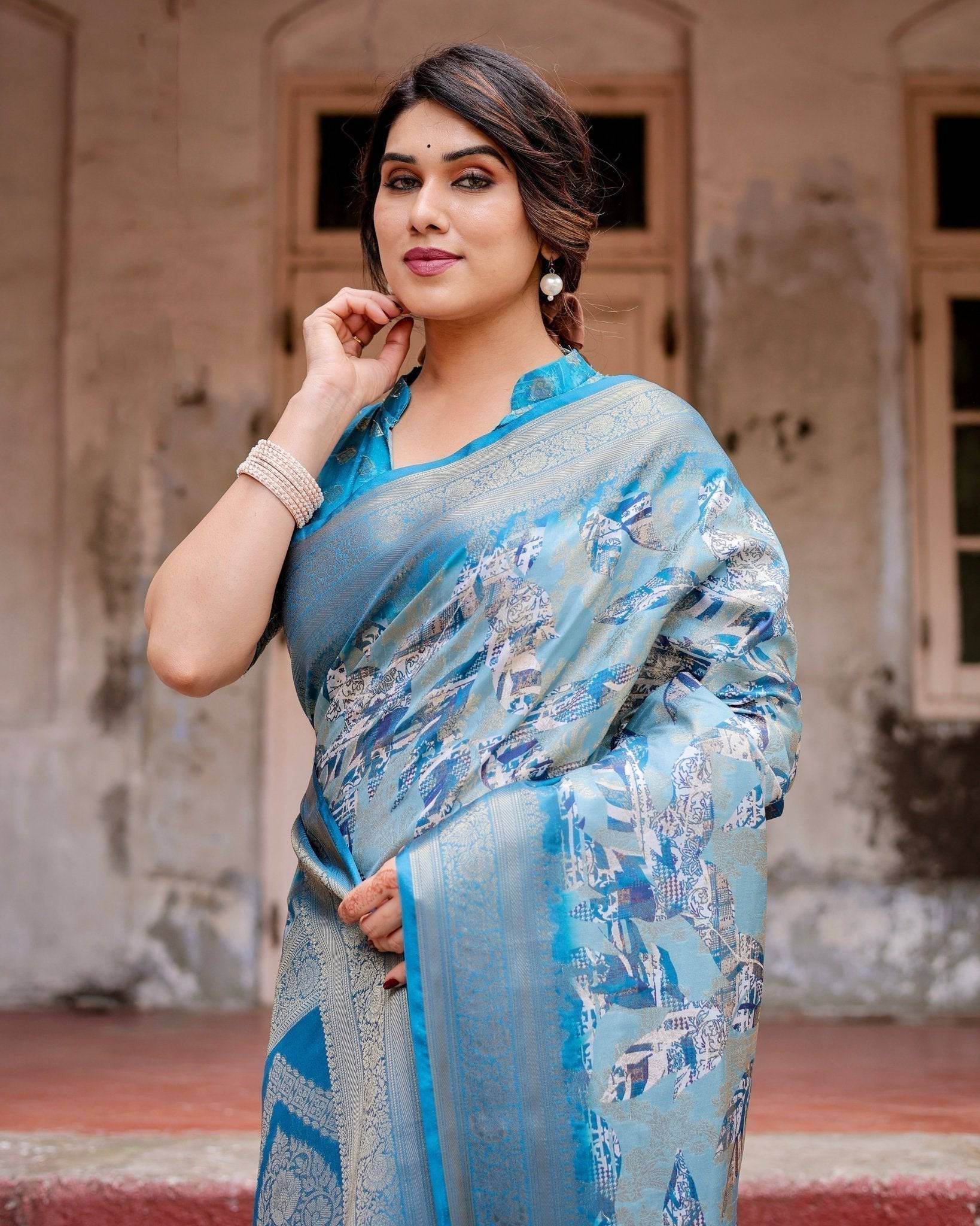 Aqua Blue Banarasi Silk Saree with Zari Border, Floral Motifs, and Tassels - SEEANS
