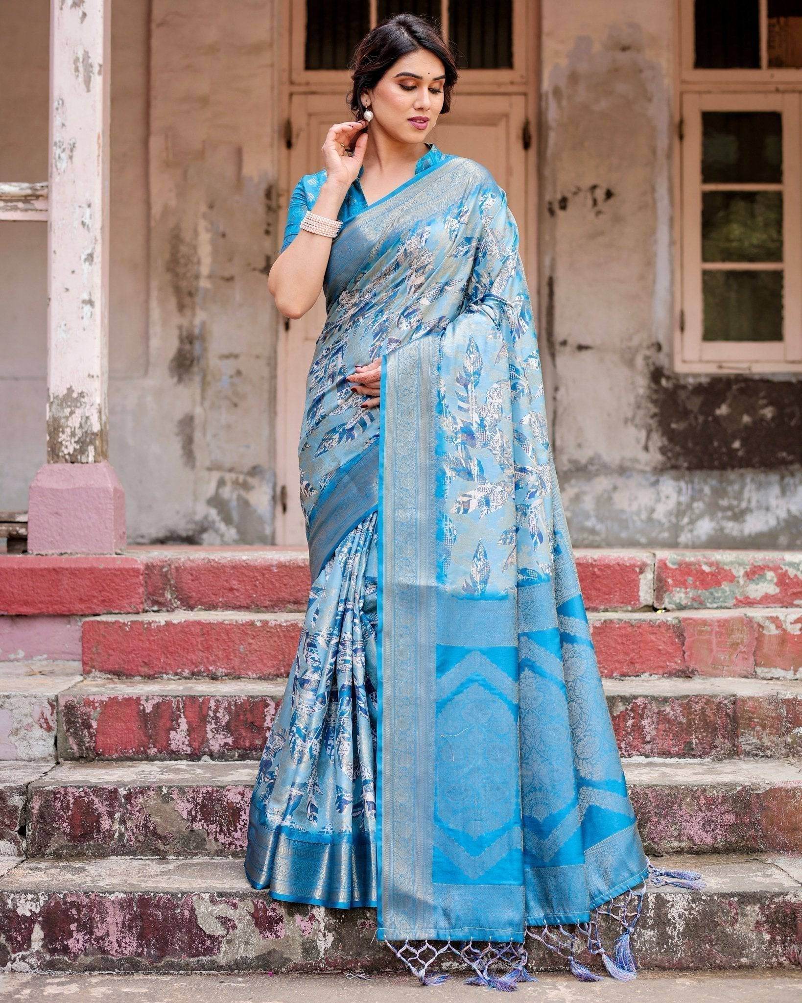 Aqua Blue Banarasi Silk Saree with Zari Border, Floral Motifs, and Tassels - SEEANS
